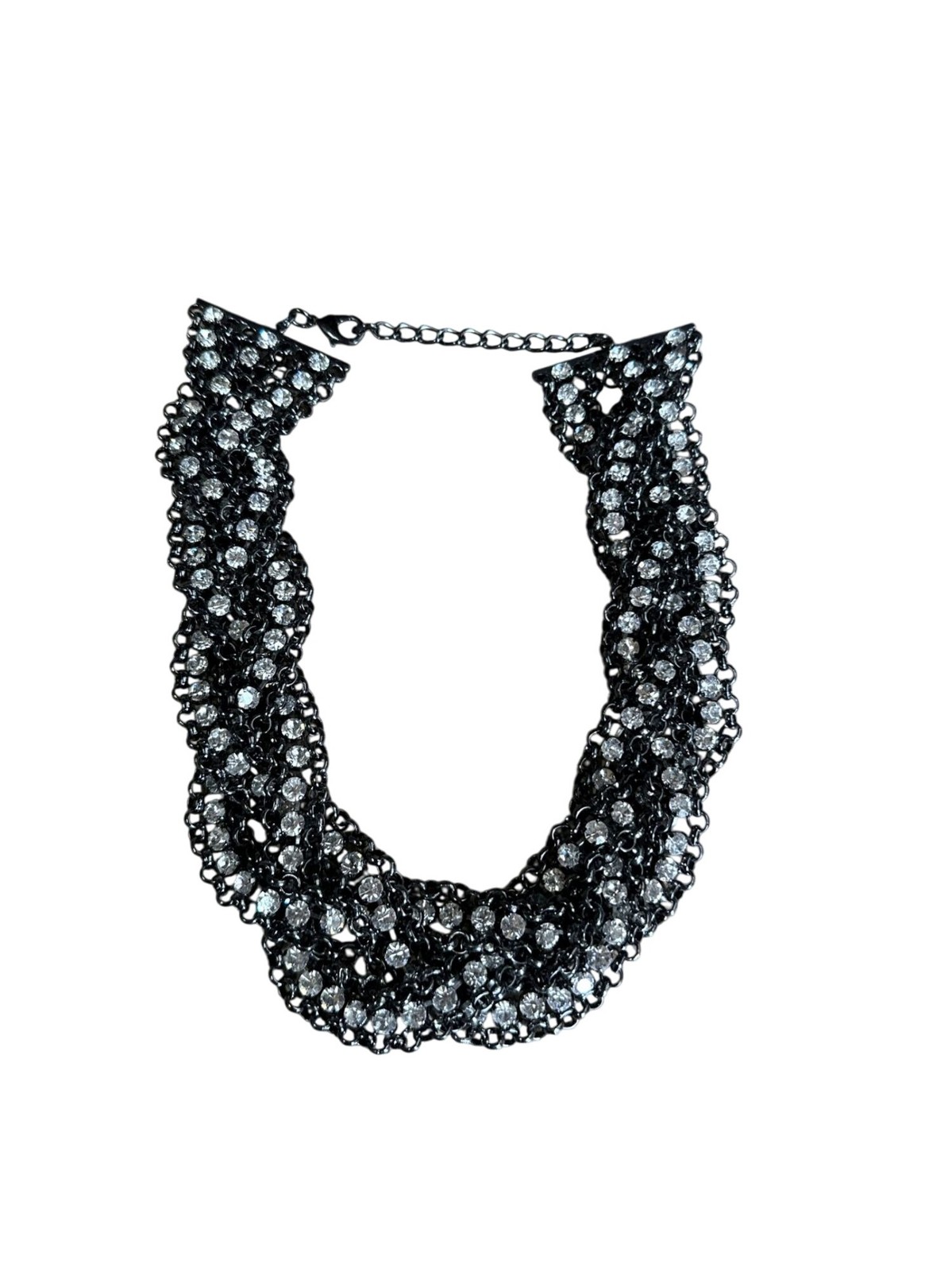 Vintage Black Metal Braid Chain Collar Necklace With Rhinestones 21″ Long