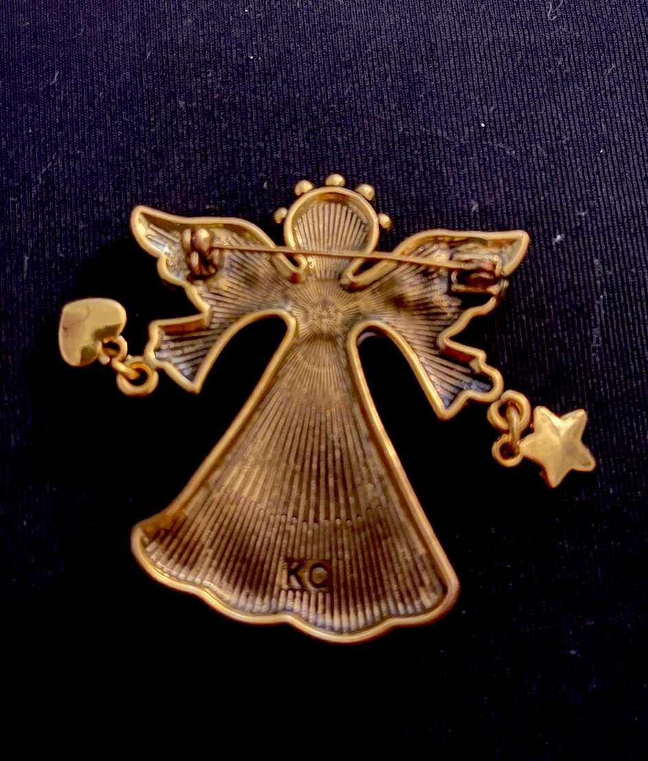 Vintage signed KC Enamel & Rhinestone Angel With Charms Brooch Pin Estate