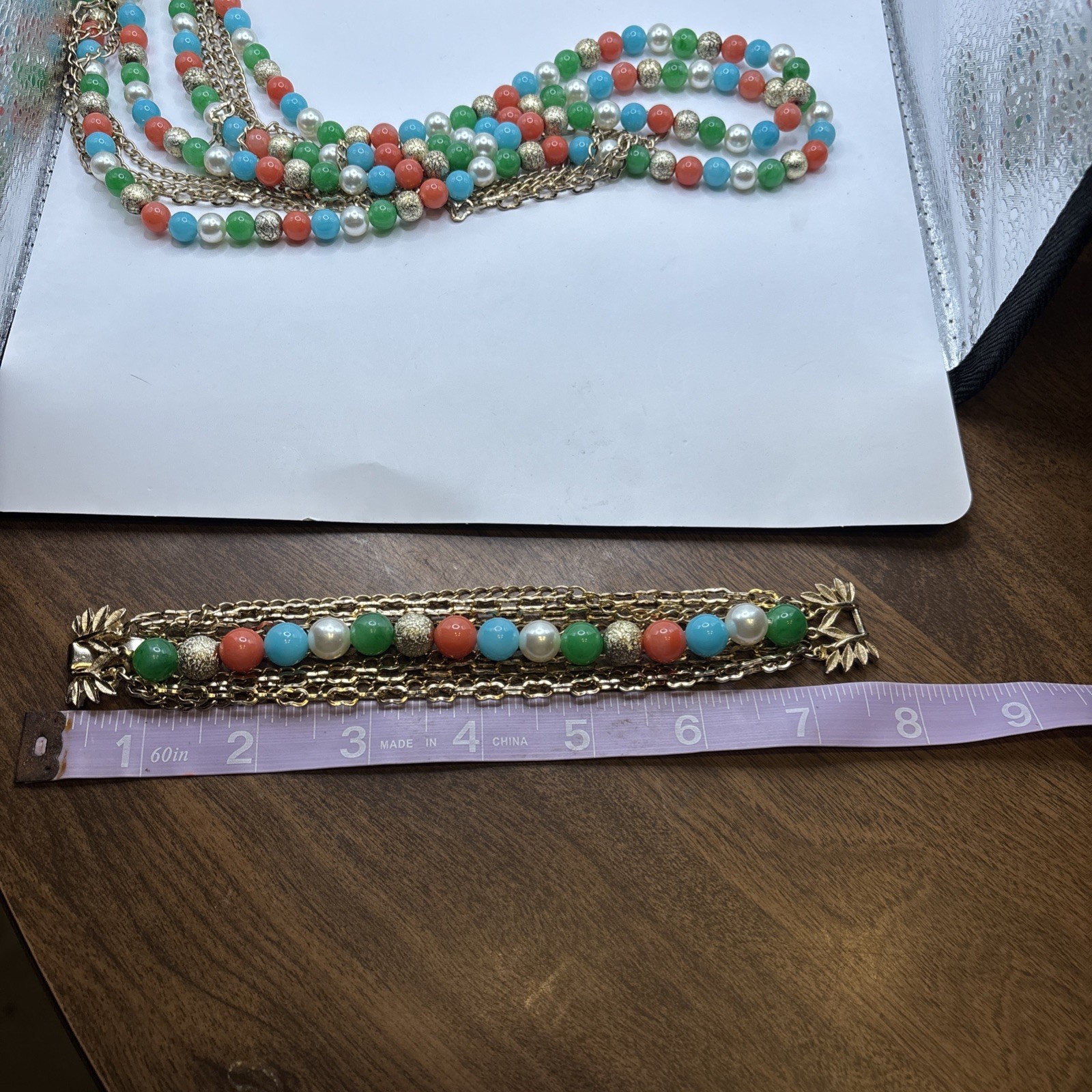Vintage Gold Toned Multi Strand Necklace, Earring, Bracelet Set Multicolored