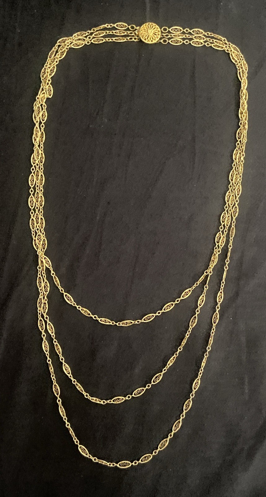 Vtg 14k Gold Vermeil Sterling Silver Triple Strand Filigree Link Necklace 19”