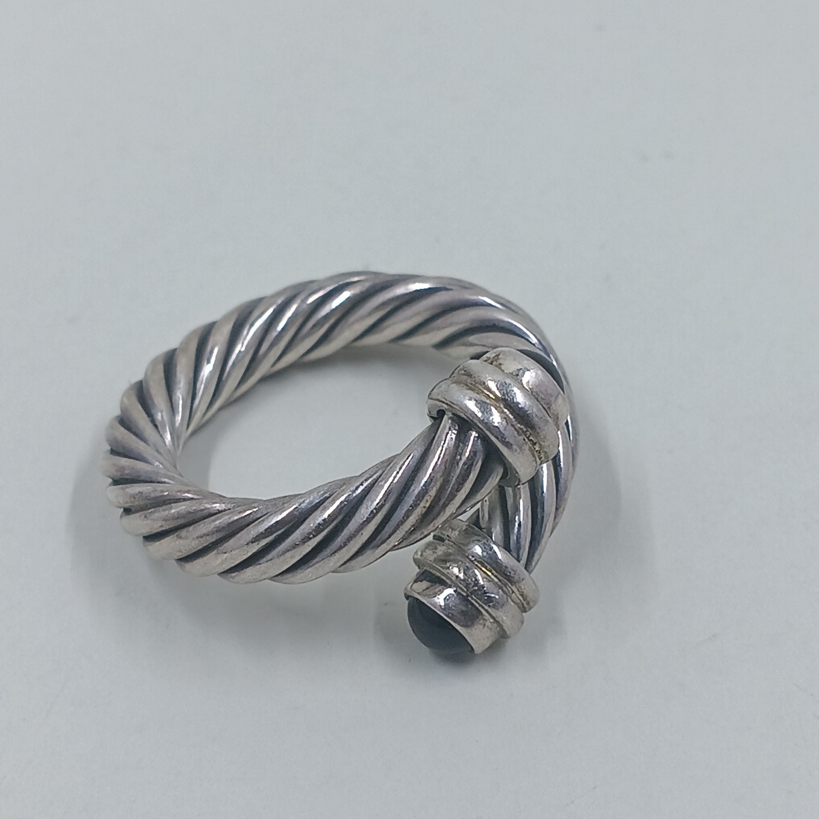 Vtg Sterling Silver Twisted Cable Wrap Ring Black Onyx Style Open Bypass…
