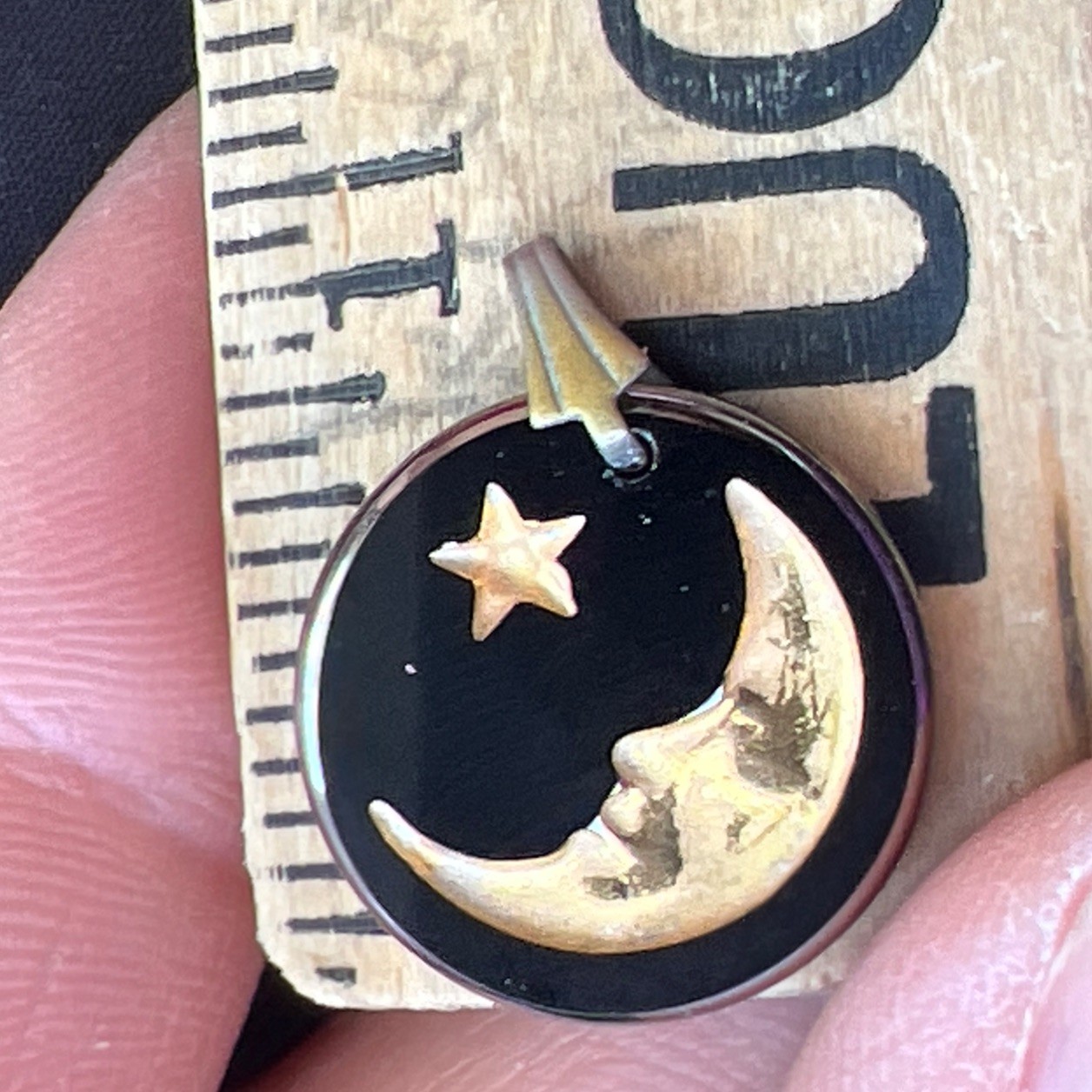 Vintage Moon Star Black Glass Pendant Charm 3/4”