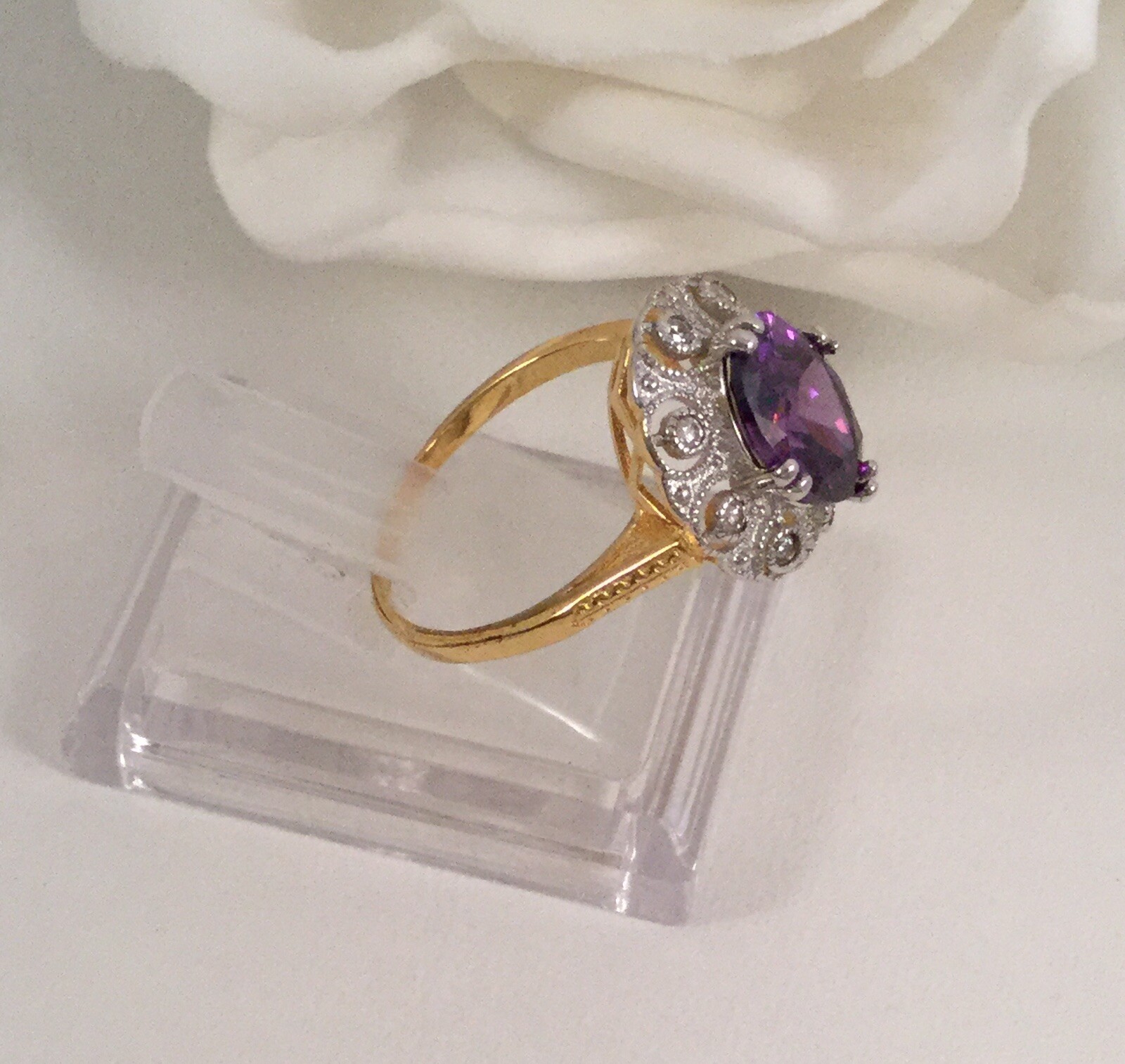 Vintage Jewellery Gold Ring Amethyst White Sapphires Antique Deco Jewelry 10 U