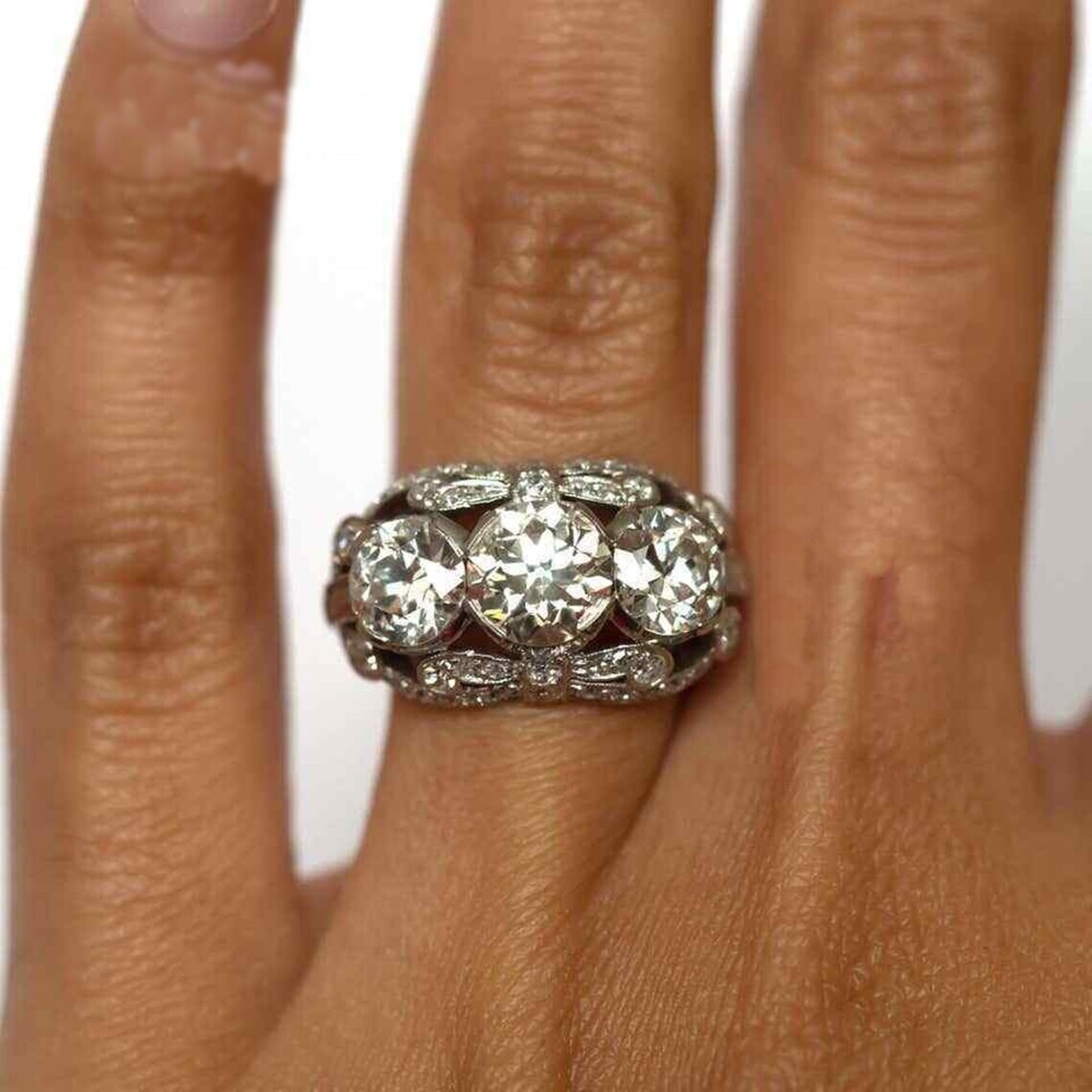 3.50CTW White Round Cut CZ Three Stone Art Deco Antique Wedding 925 Silver Ring