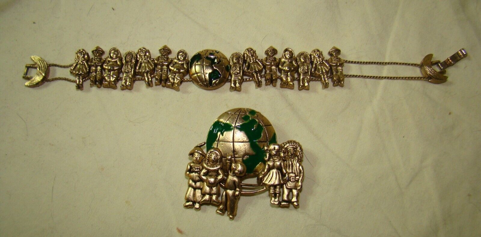 Vtg Children of the World Brass Slide Bracelet Green Enamel Globe Brooch Pin Set