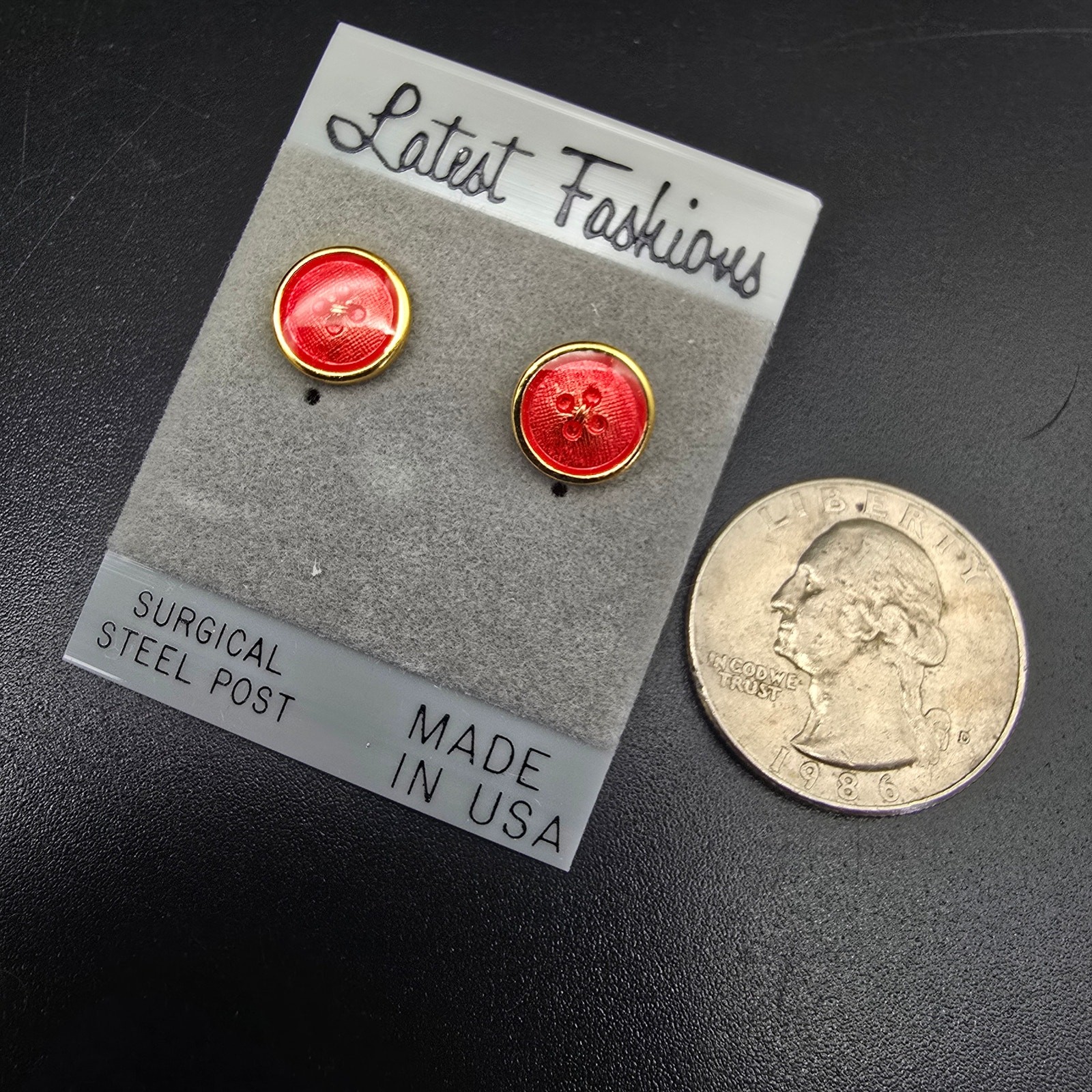 Coral Orange Enamel Button Stud Earrings Pierced Vintage 1980s 1990s NOS On Card
