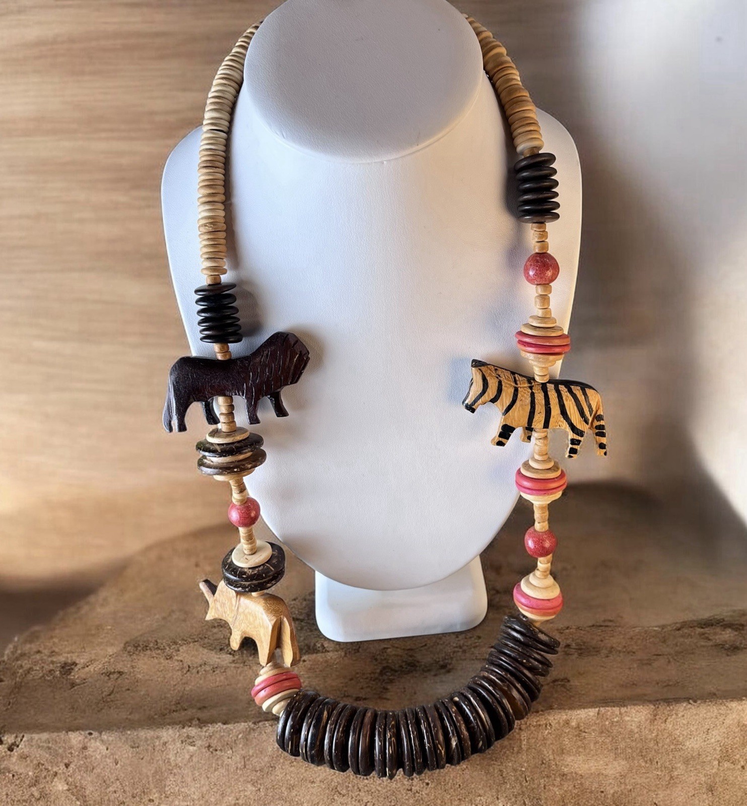 Vtg 26” African Safari Wood Bead Necklace & Rhino Earrings Lion Zebra Elephant