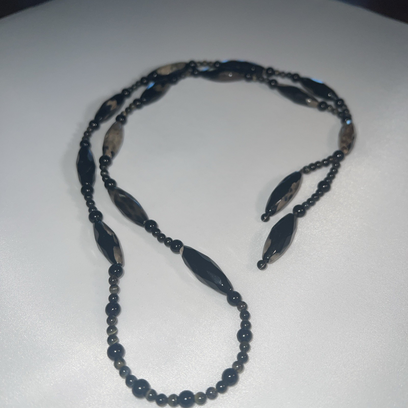 Lariat Necklace Gemstone Jasper & Agate Stones 28” Plus 4.5” Black, Tan Earrings