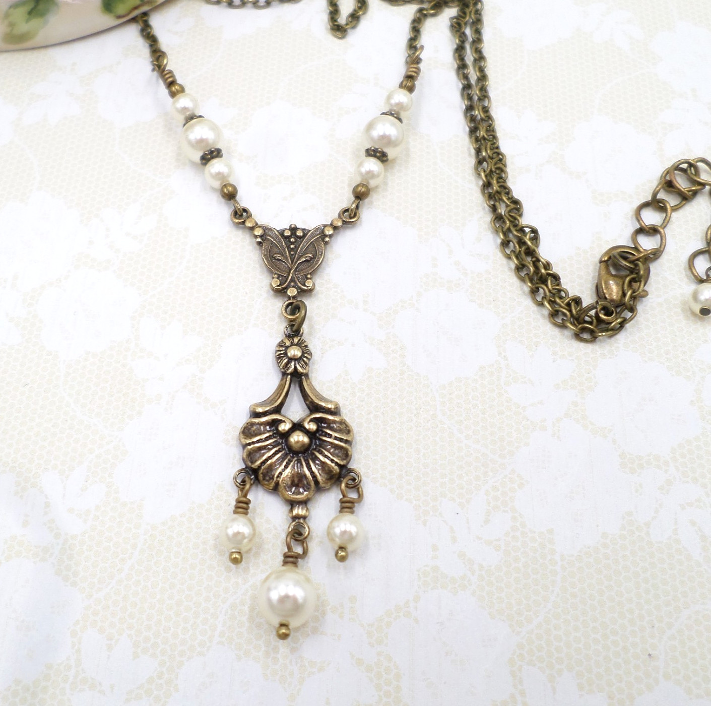 Victorian Pearl Necklace: Antique Brass Romantic Floral Handmade Vintage Jewelry