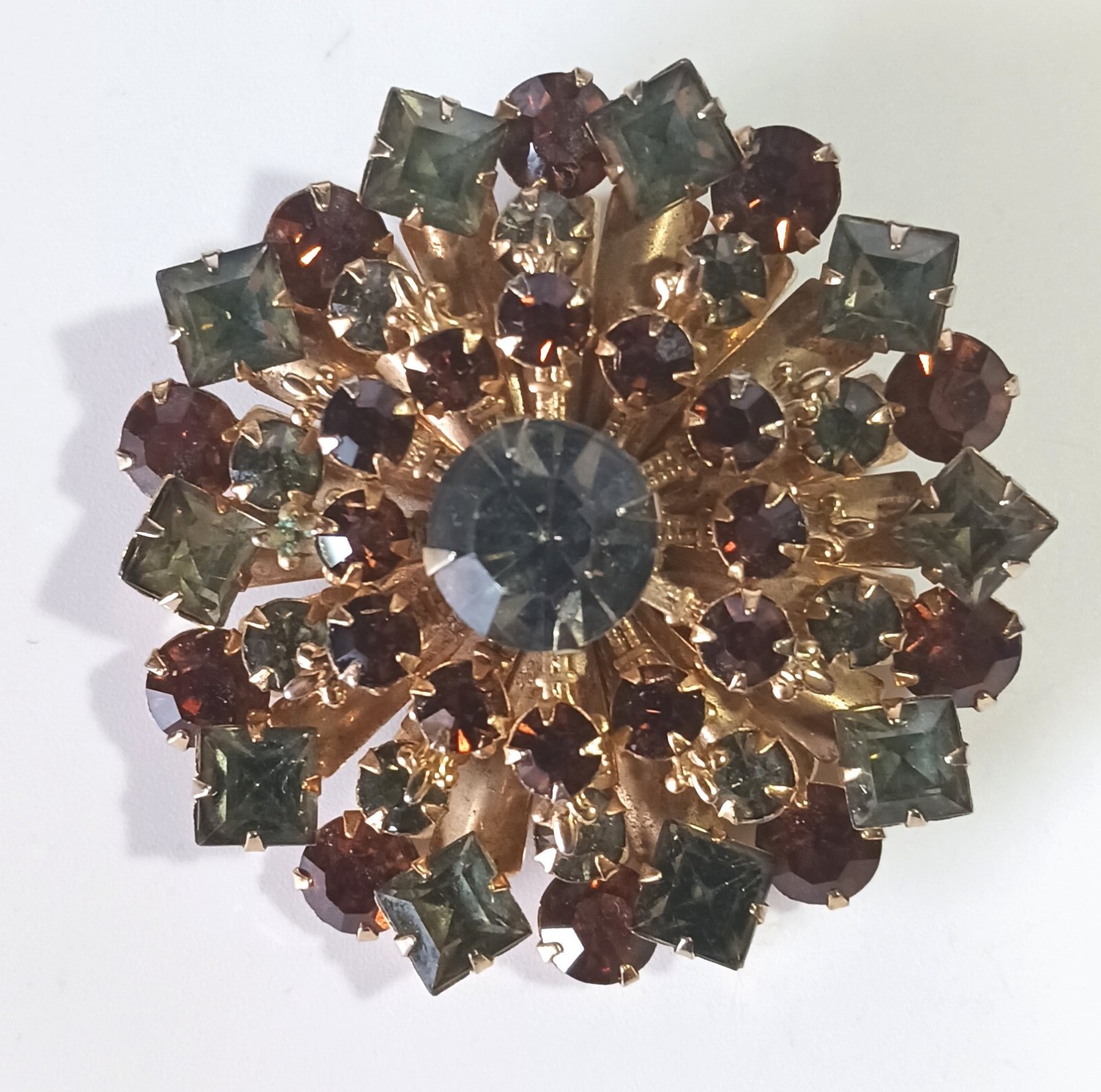 Vintage Gold-tone Layered Brooch w/ Smoky Topaz- & Gray-Green Colored Rhinestone