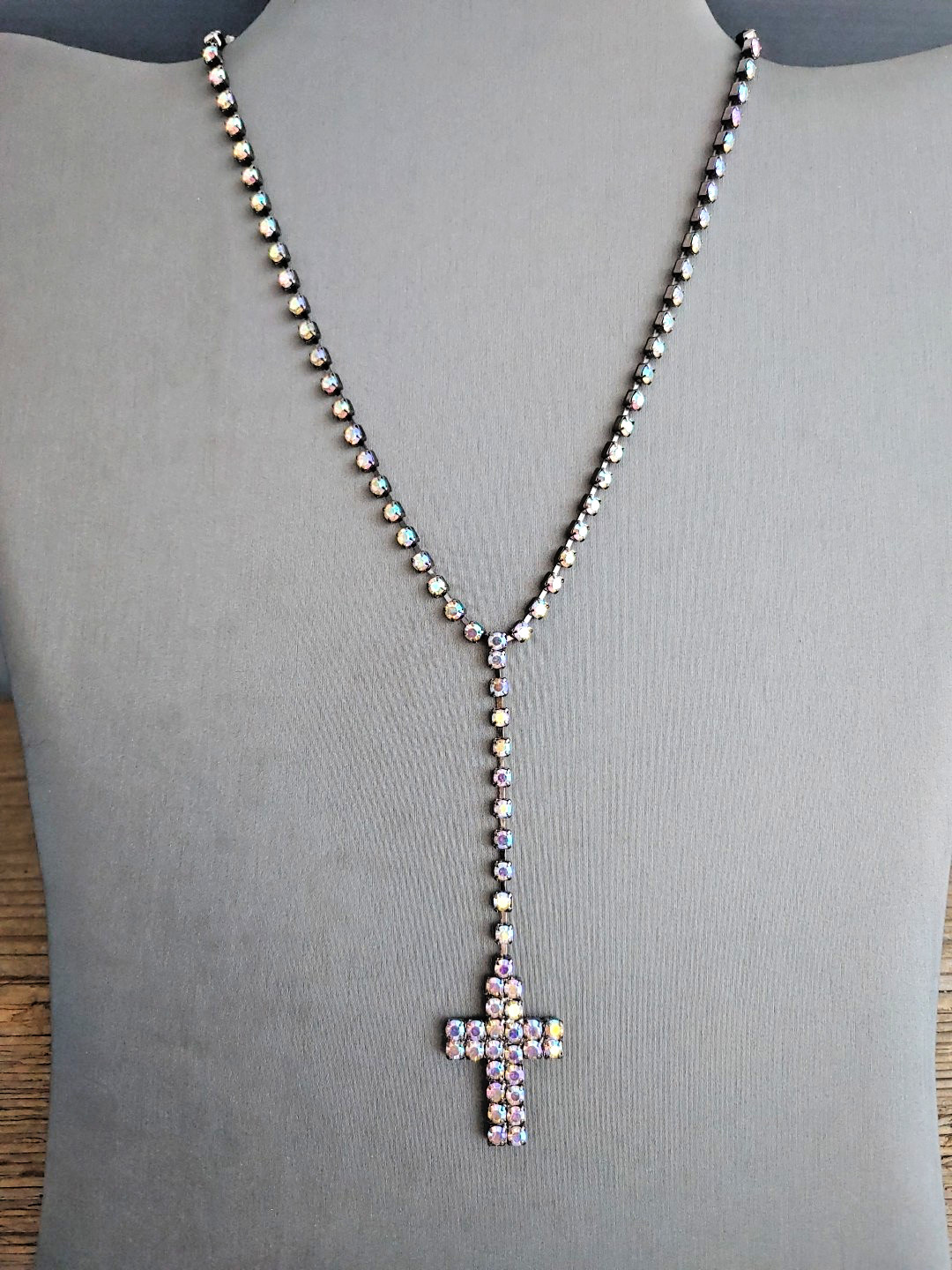 Vintage Y Drop CROSS Rhinestone Necklace AB Cup Chain Choker Gunmetal 14” to 17”