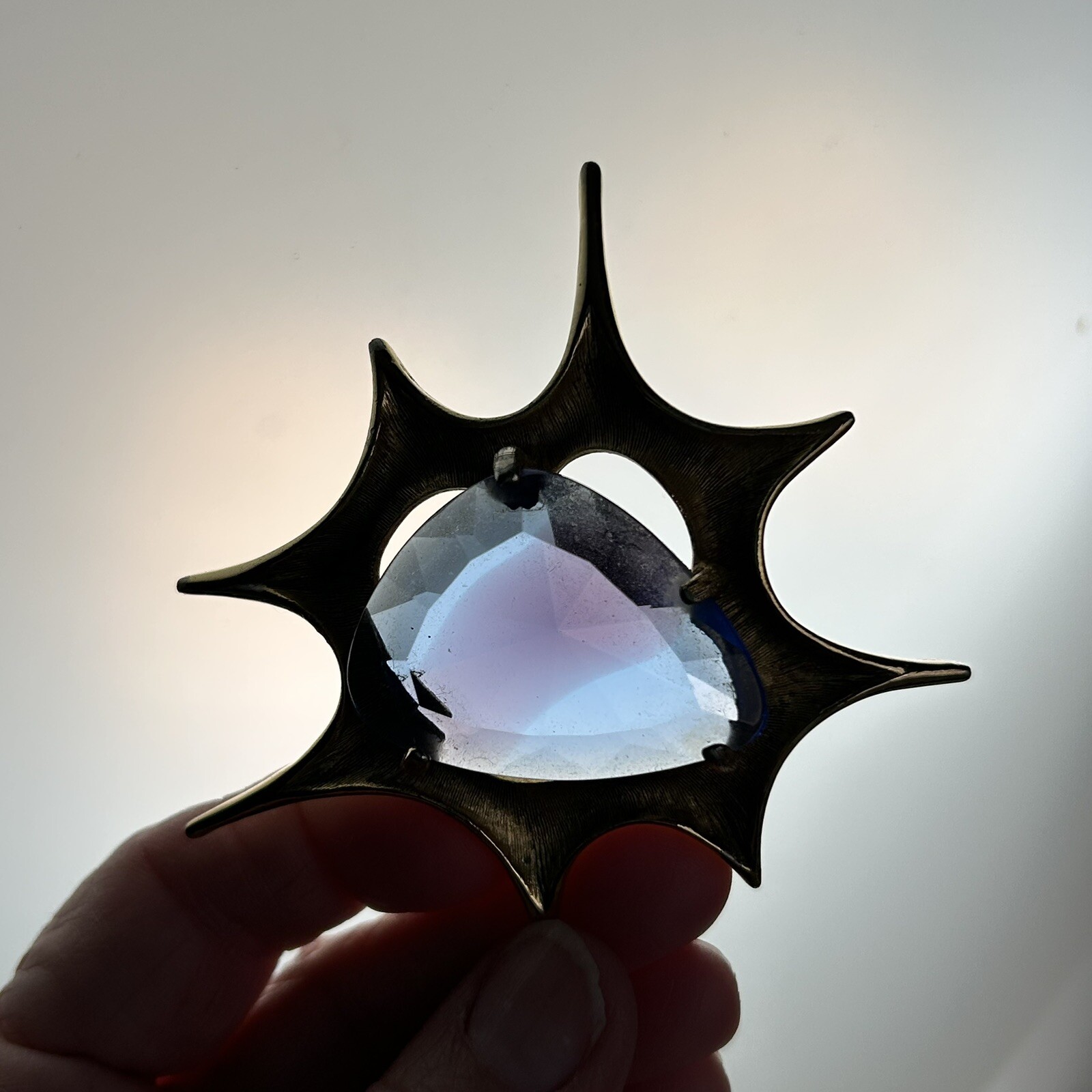 Atomic Blast Brooch Pin Signed BSK Gold Tone Blue Stone Starburst Vintage MCM