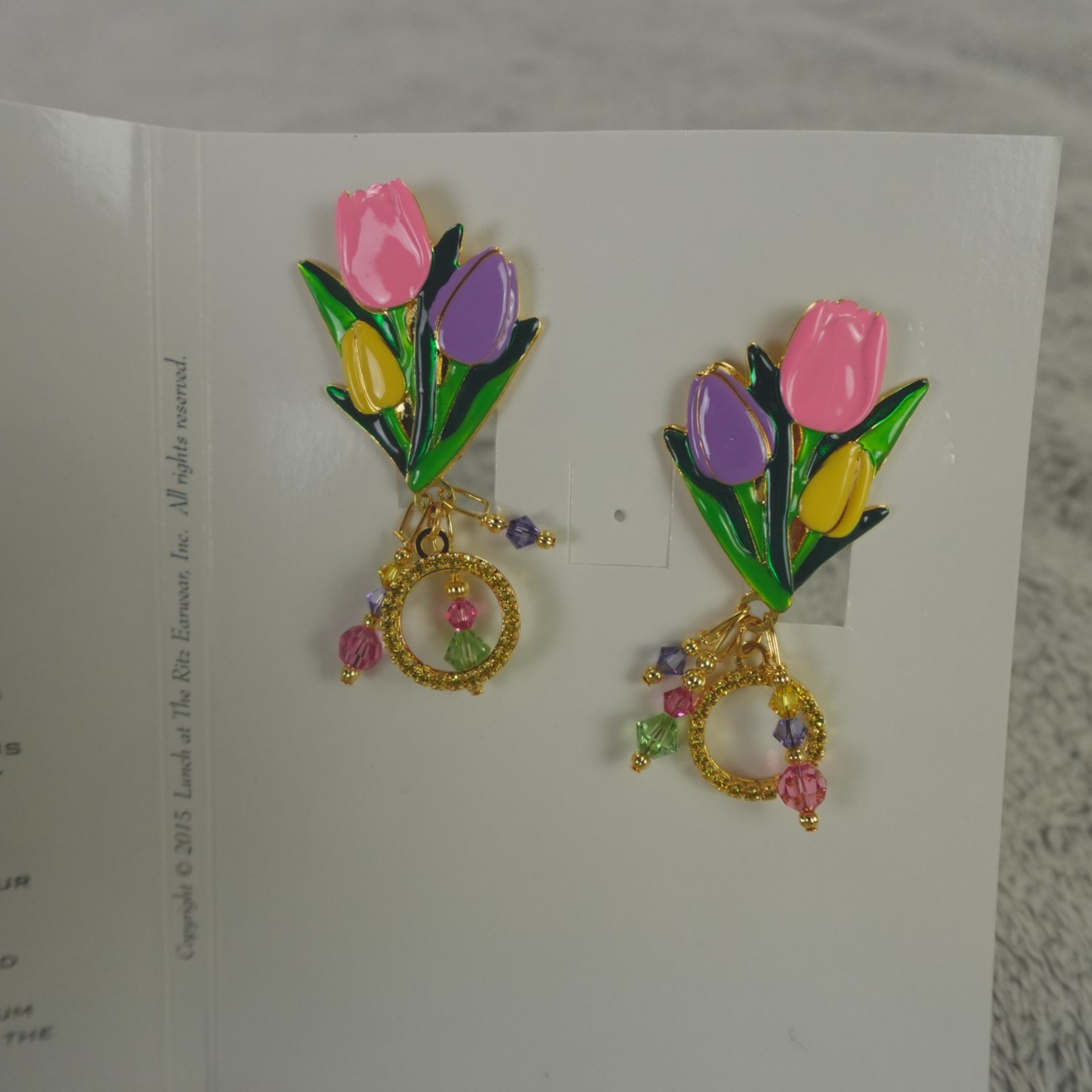Lunch at the Ritz Earrings Tulip Festival Signed Clip On Menu Card