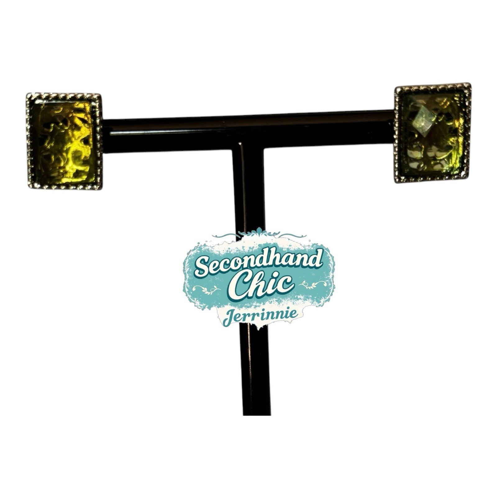 Vintage Premier Designs “Frolic” Rectangular Stud Earrings – Olive Green Crystal