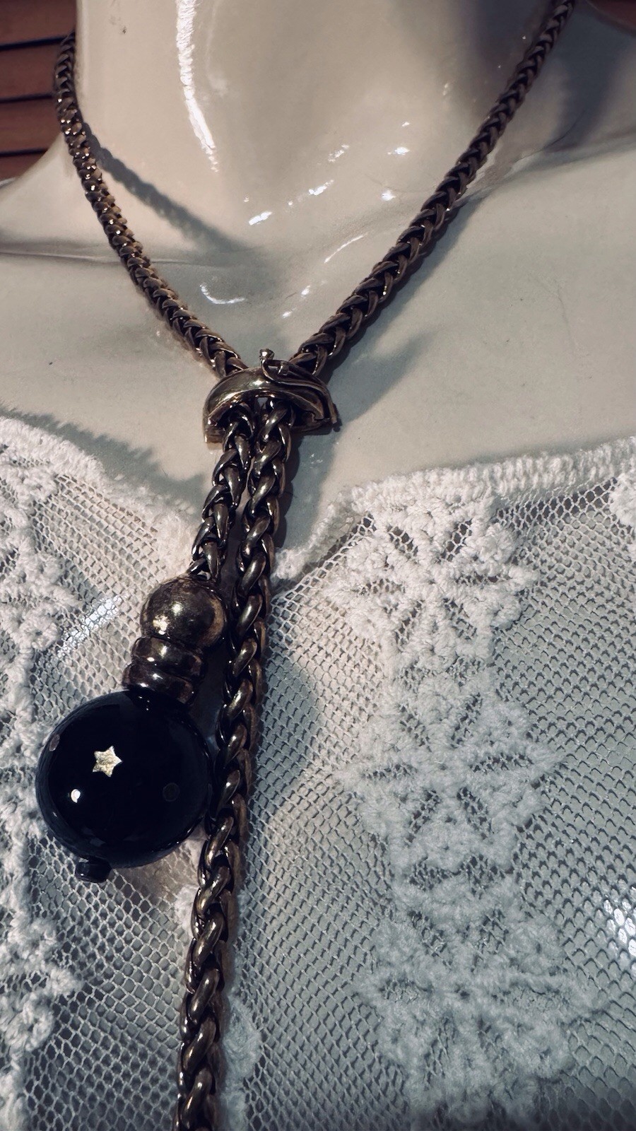 Vintage TALY 925 STERLING 78g Italy BOLO Wheat Chain Necklace Bijoux?Onyx Balls