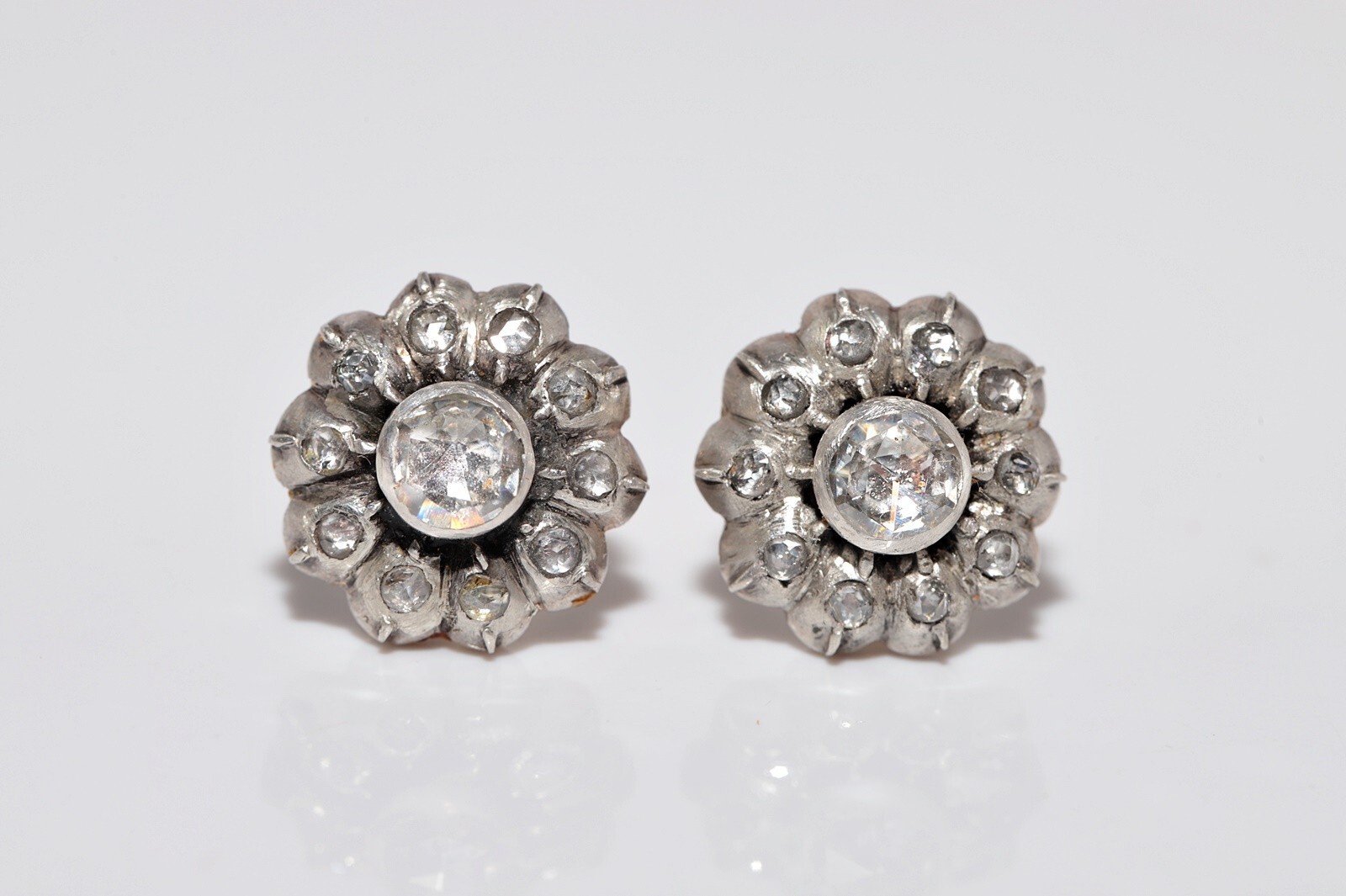 Antique Circa 1900s 14k Gold Top Silver Natural Rose Cut Diamond Earring