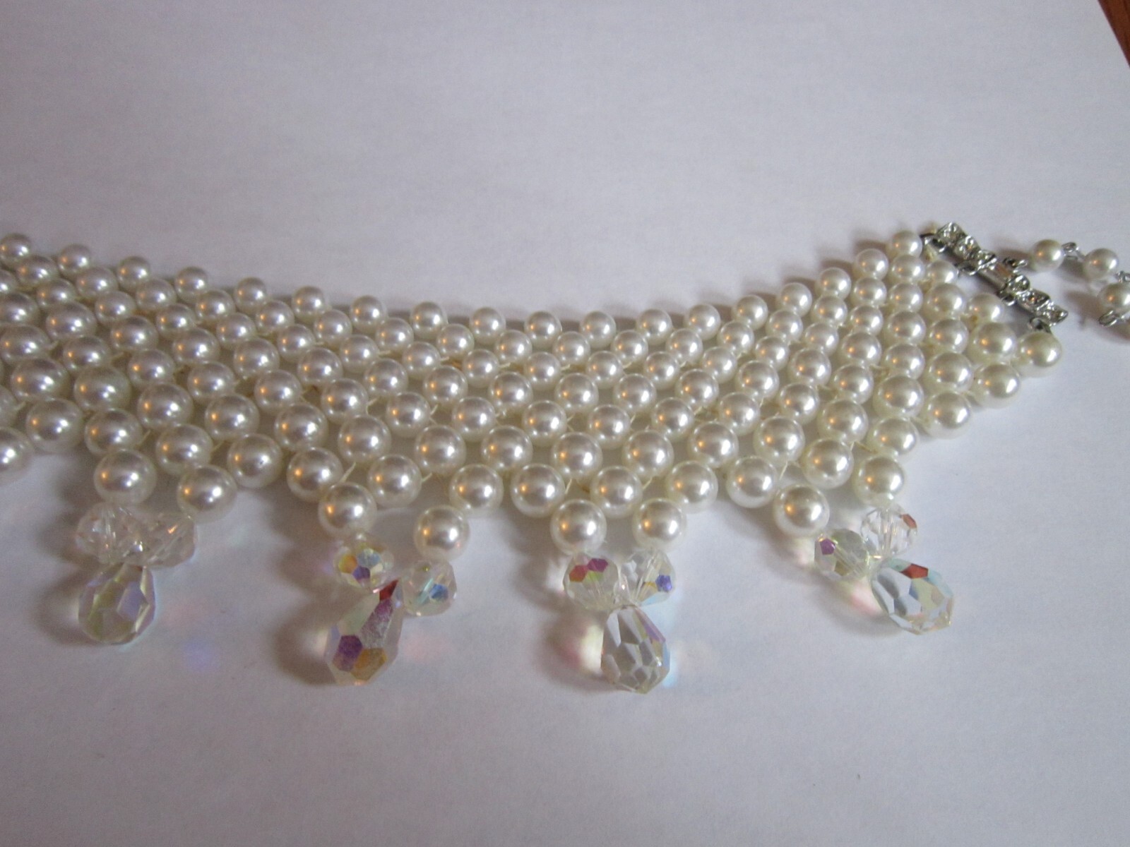 Vtg Faux Pearl Crystal Bead Choker Necklace Layered Bib Statement Wedding Retro