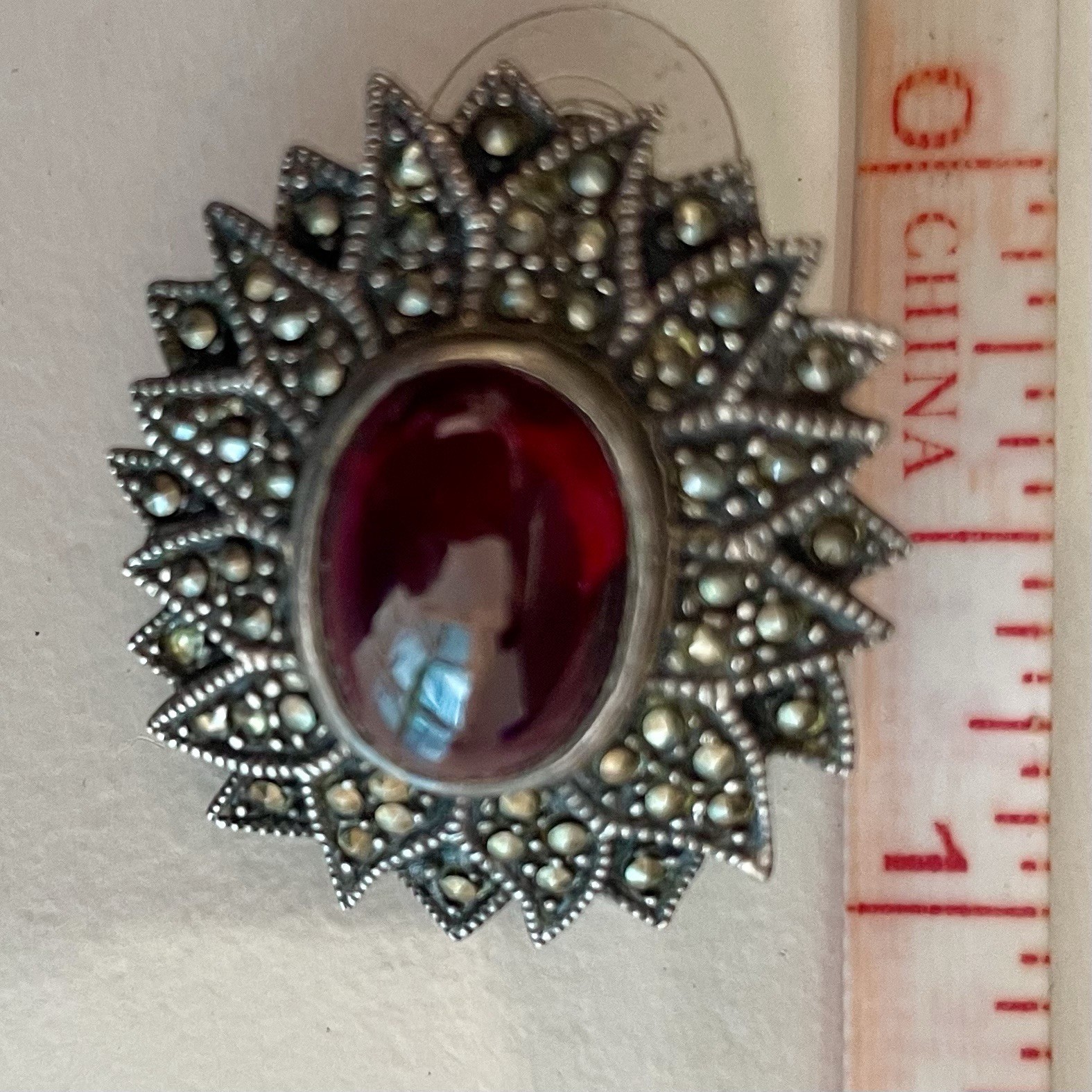 Vintage Ruby Red Cabochon Marcasite Style Statement Earrings Silver Tone ArtDeco
