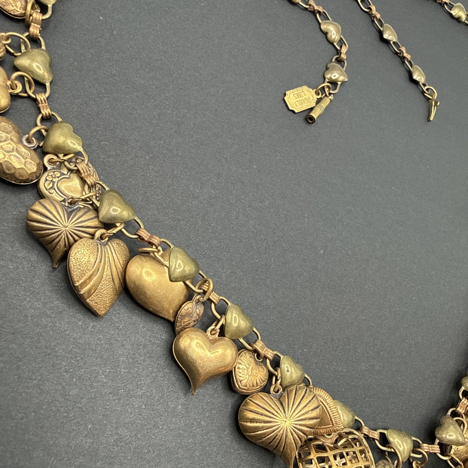 Pididdley Links Signed Loaded Heart Charm Necklace Gold Tone 24” C81