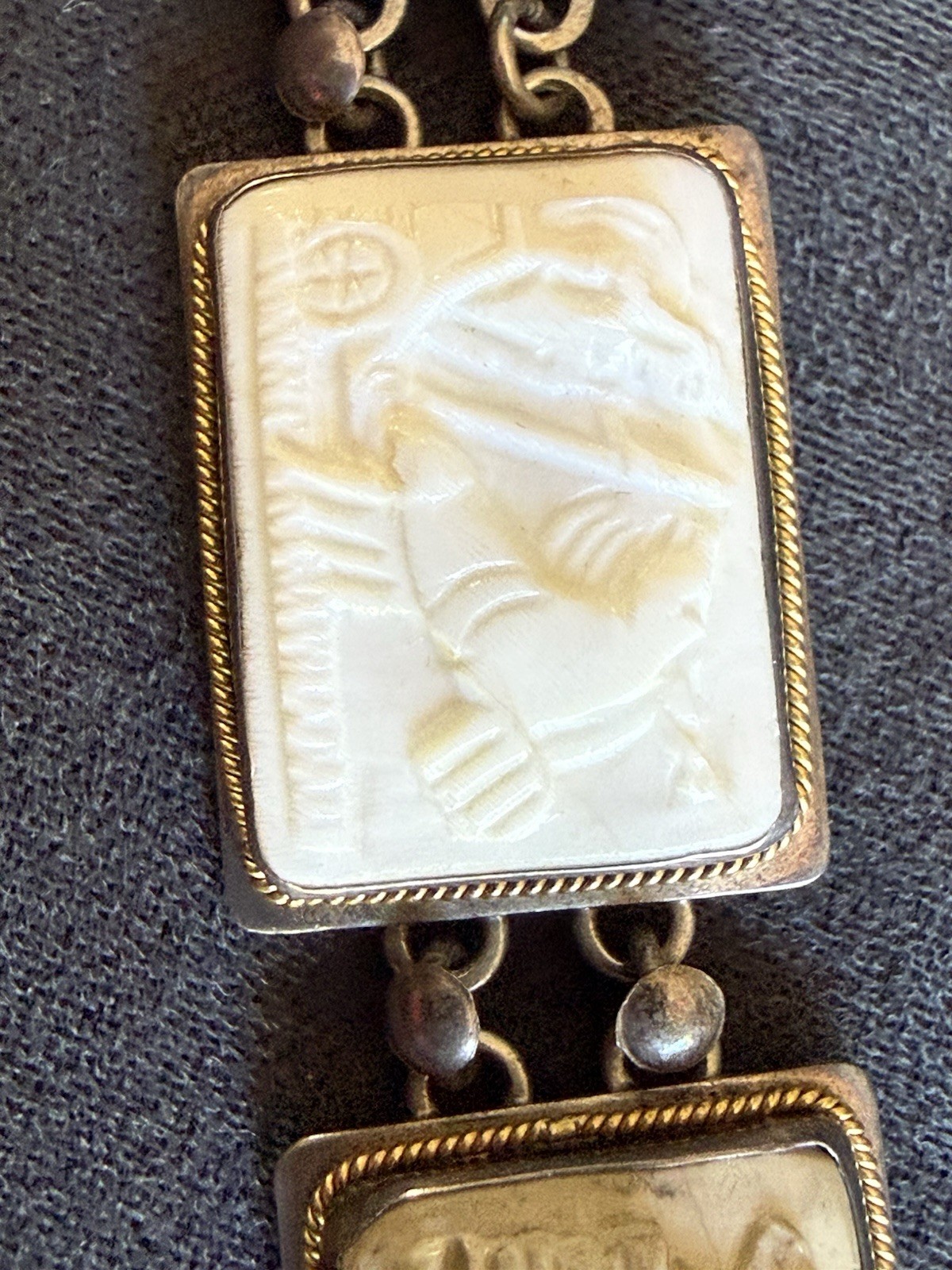 ANTIQUE 800 Silver 14KT GOLD CARVED Cameo SHELL DAYS OF THE WEEK BRACELET As Is