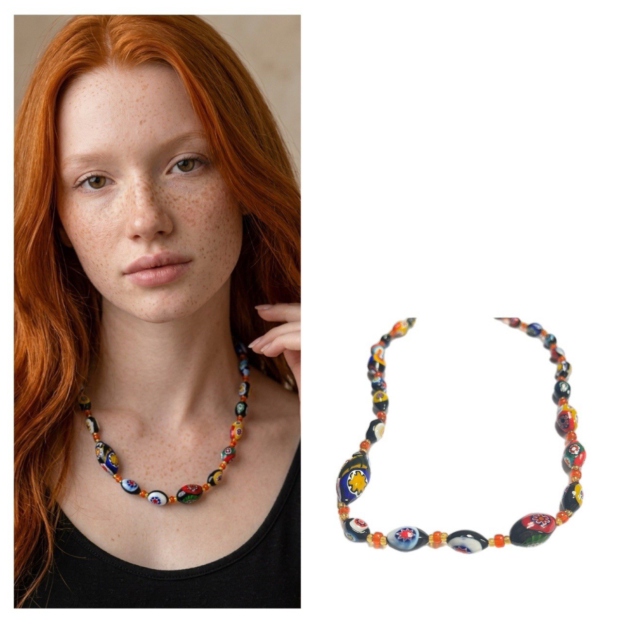 Vintage Venetian Millefiori Glass Bead Necklace – Multicolor 10”L Avantgarde