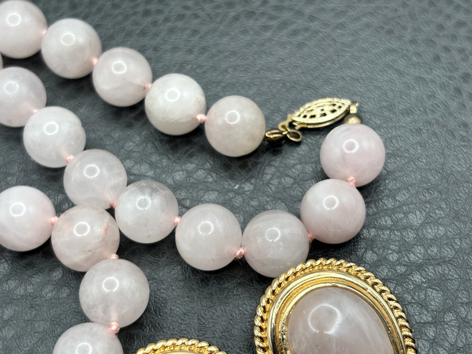 Vintage 80s Rose Quartz Hand Bead Necklace Gold Tone Teardrop Clip Earrings Set