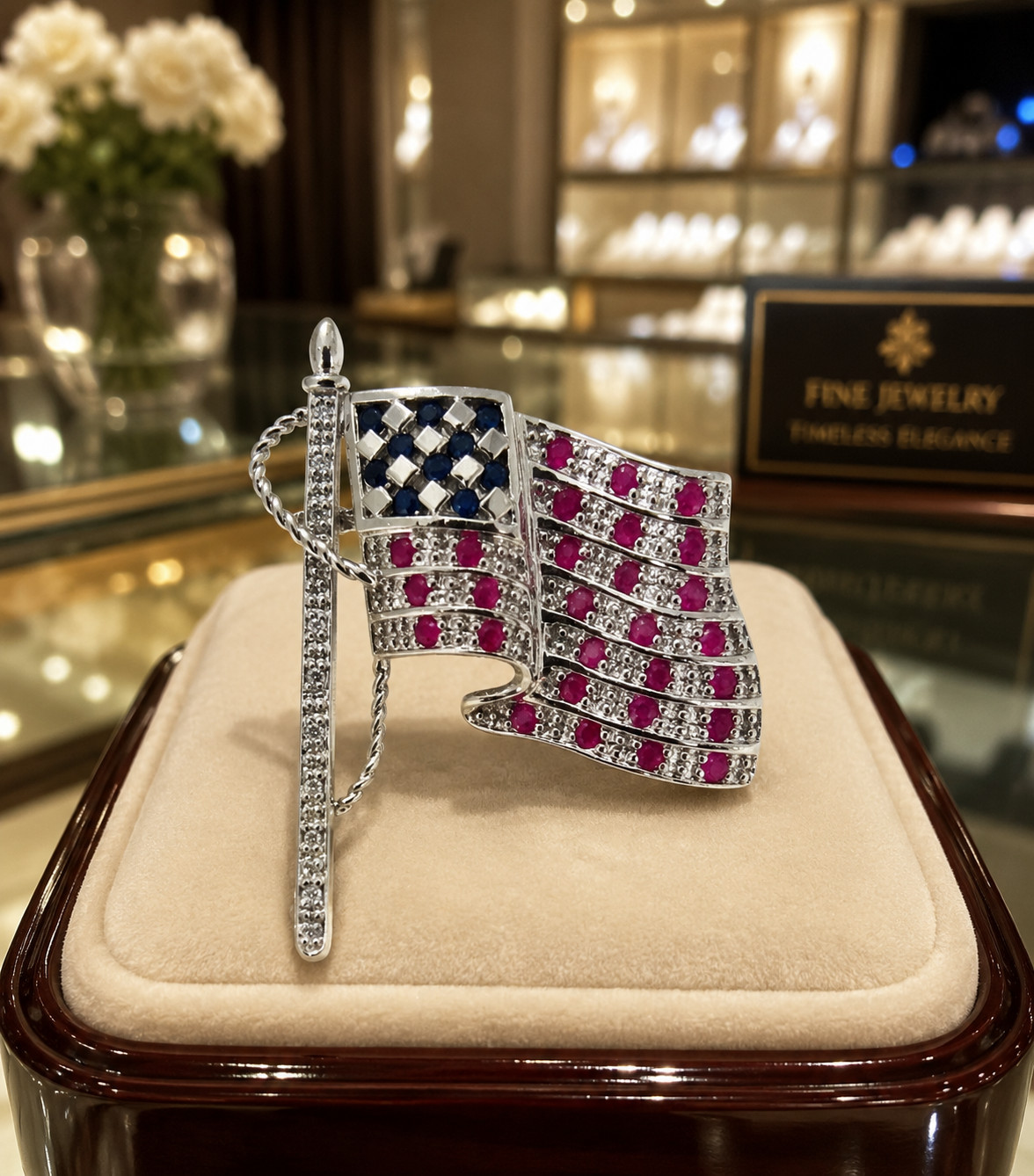 14K White Gold American Flag Pin Brooch Rubies Sapphires Diamonds Patriot