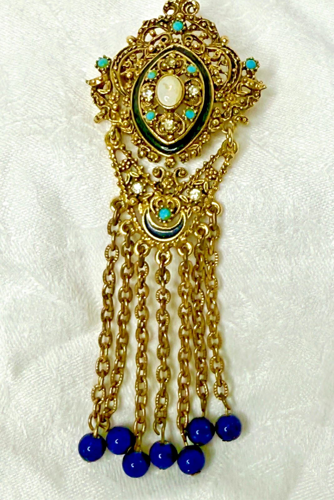 Vintage Florenza Filigree Brooch • Gold-Tone Fringe • Turquoise/Opalette