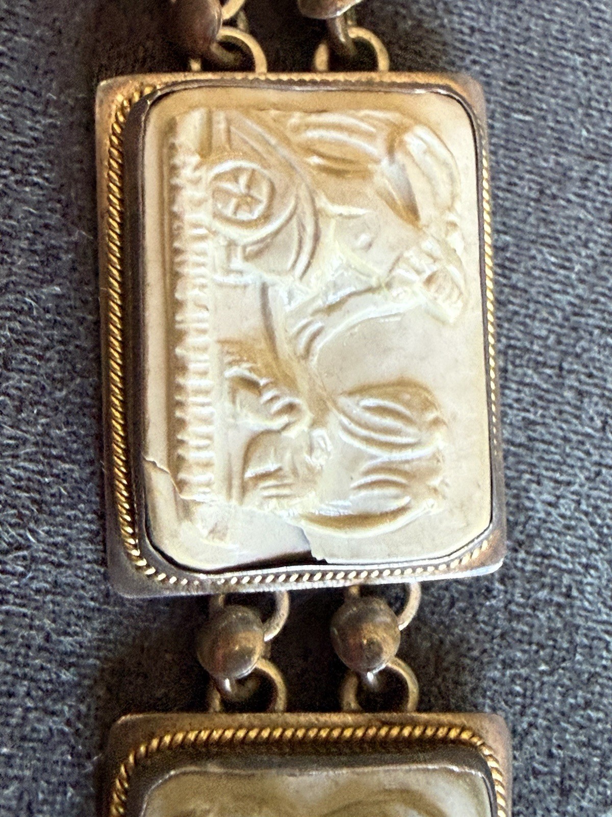 ANTIQUE 800 Silver 14KT GOLD CARVED Cameo SHELL DAYS OF THE WEEK BRACELET As Is
