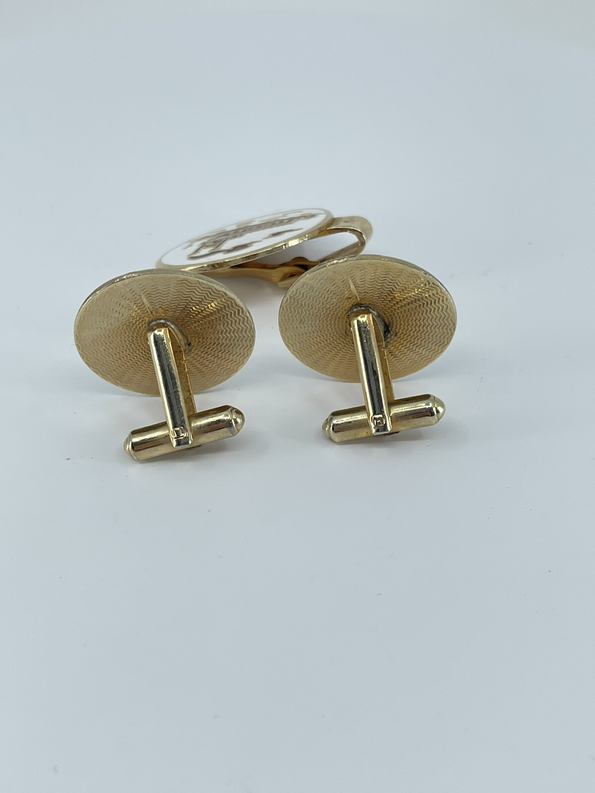 Mr Tara River boat cufflinks and tie clip set red gold white enamel 1″