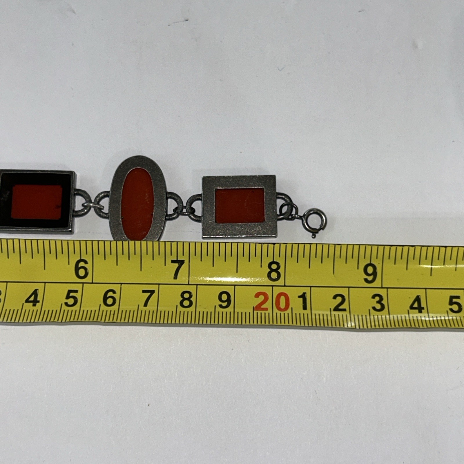 Vintage Bracelet Red Art Glass Retro Era Rectangle Silver Tone