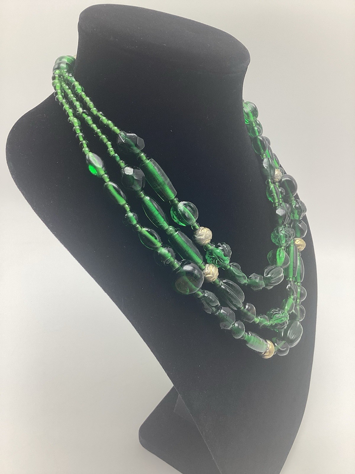 Vintage Emerald Green Glass Beaded Multi 3 Strand Necklace Made In India 19”