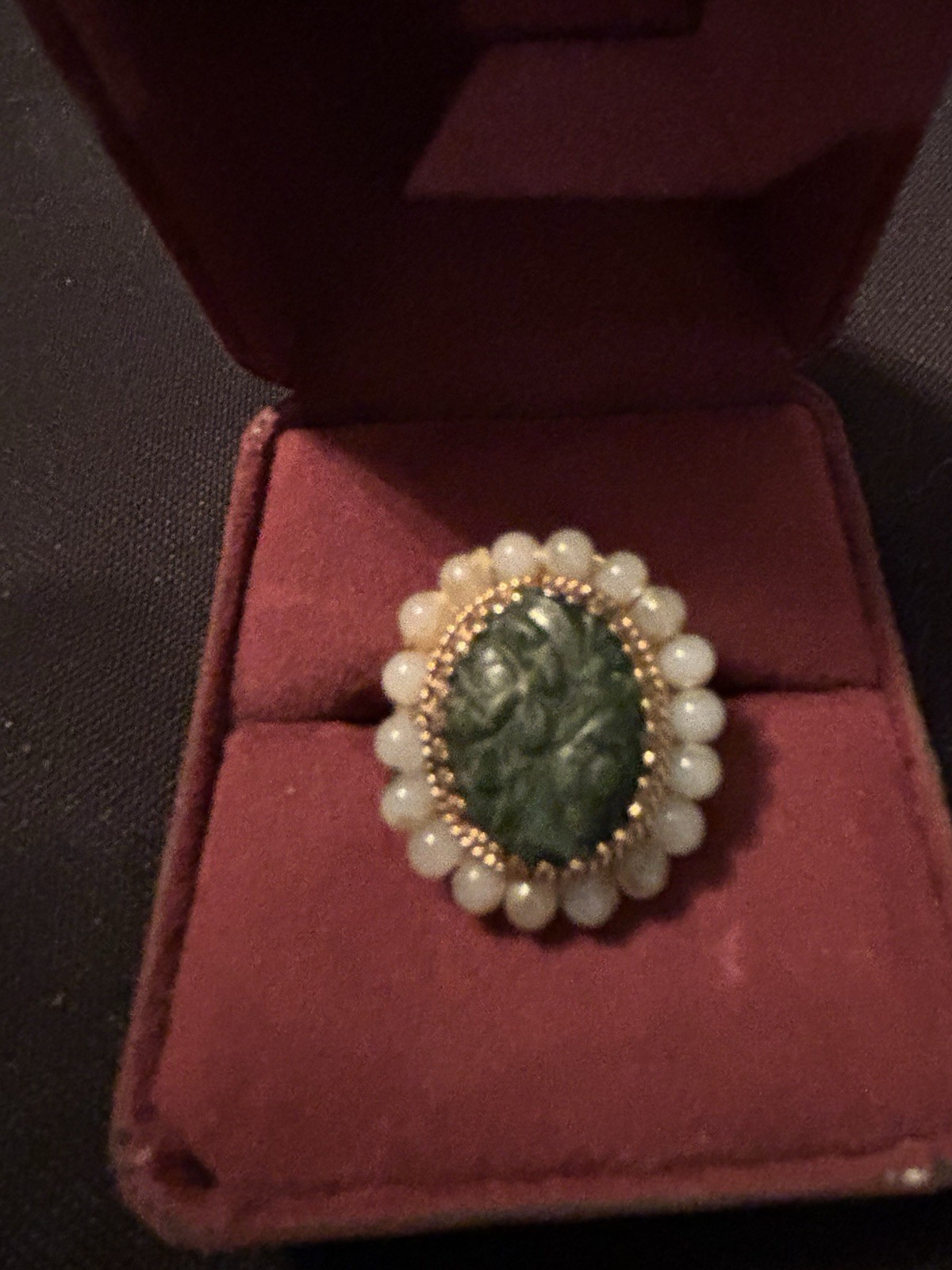 JANUARY SPECIAL – Vintage Carved Jade & Pearl 14K Yellow Gold Ring