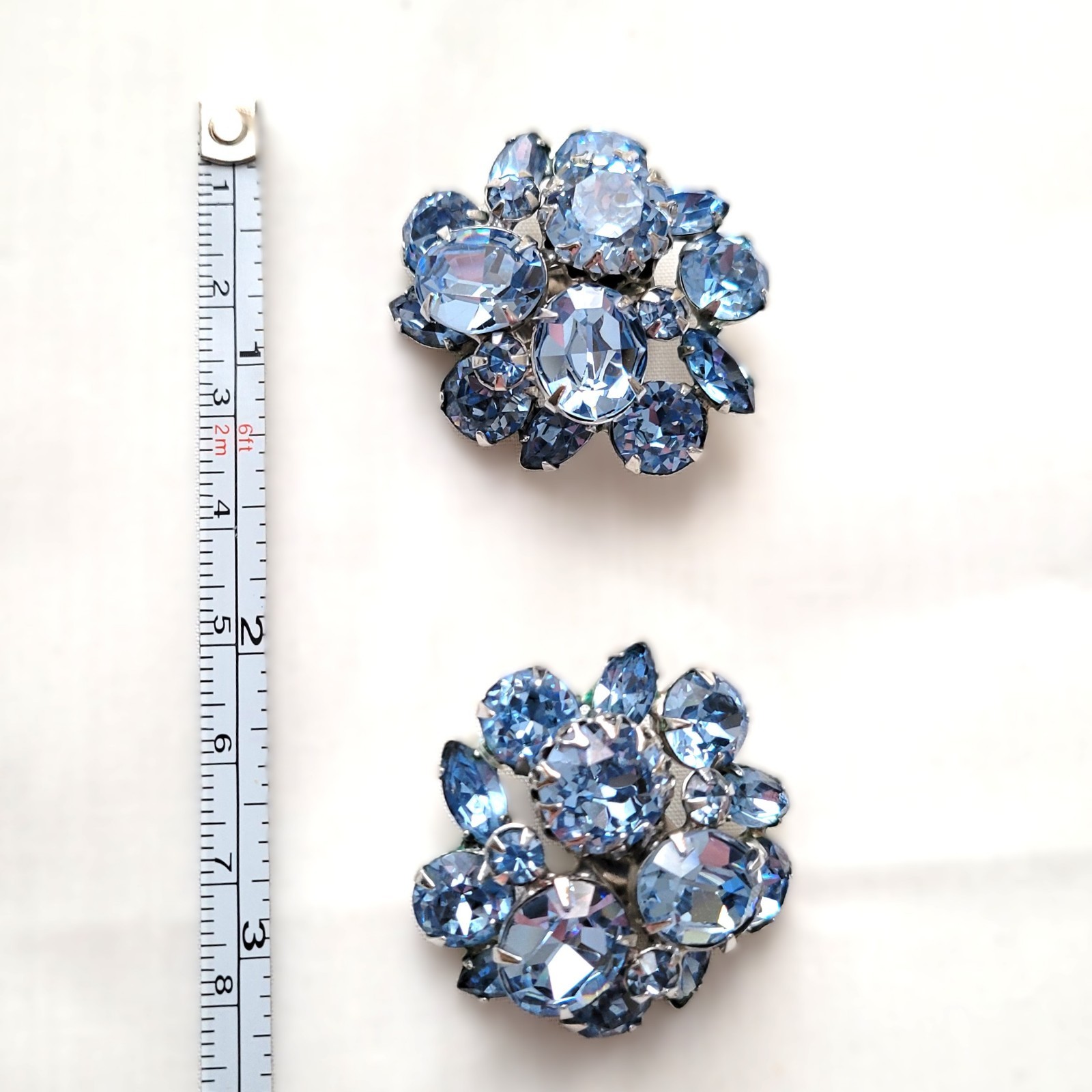 Blue Rhinestone Clip On Earrings Vtg 1950s Something Blue Wedding Statement Gift