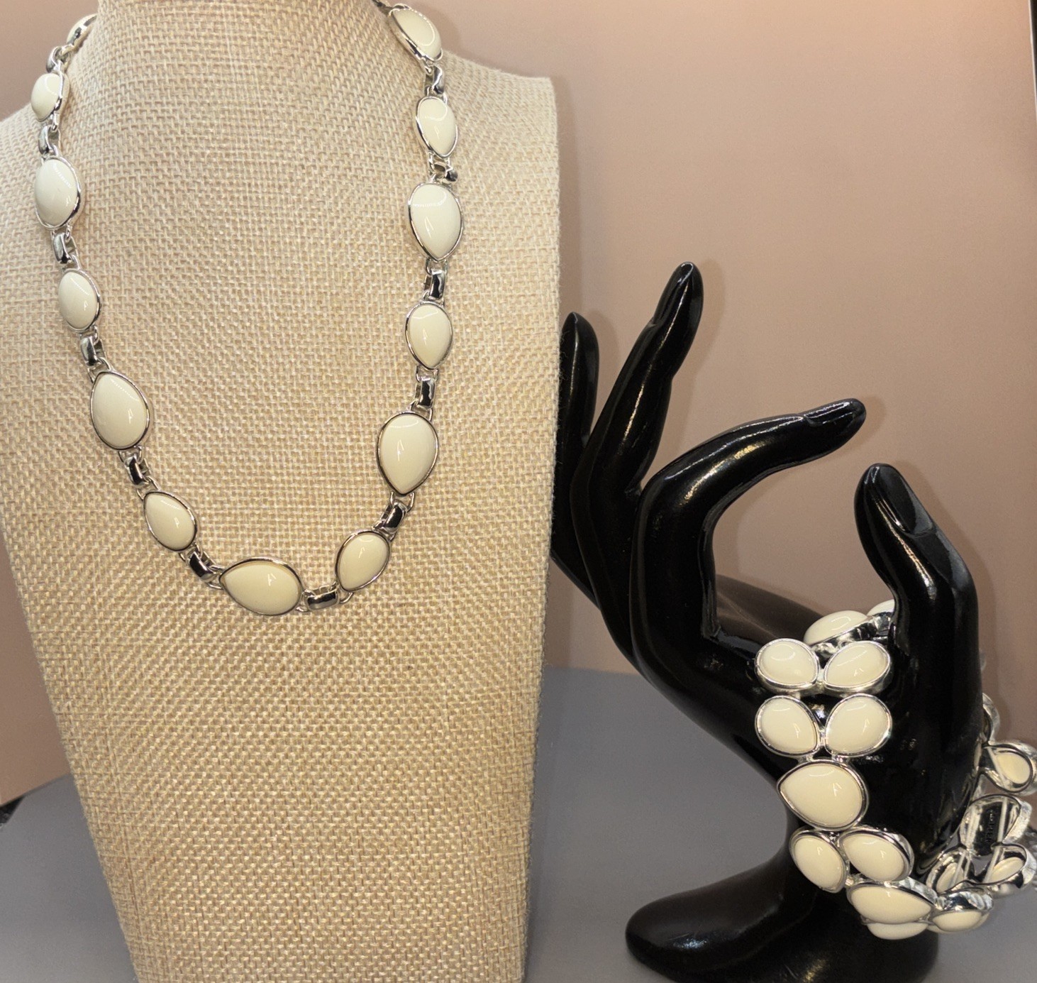 Vintage Napier Link Necklace Bracelet Cream Silver Tone