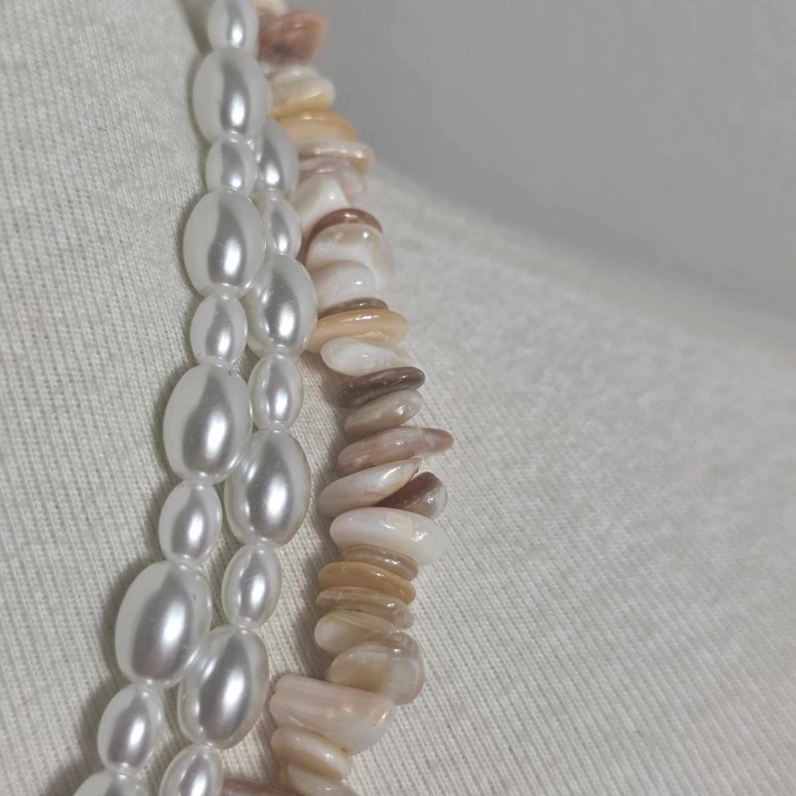 Vintage Inspired Multi-Strand Necklace Faux White Pearls & Earthtone Shell Chips