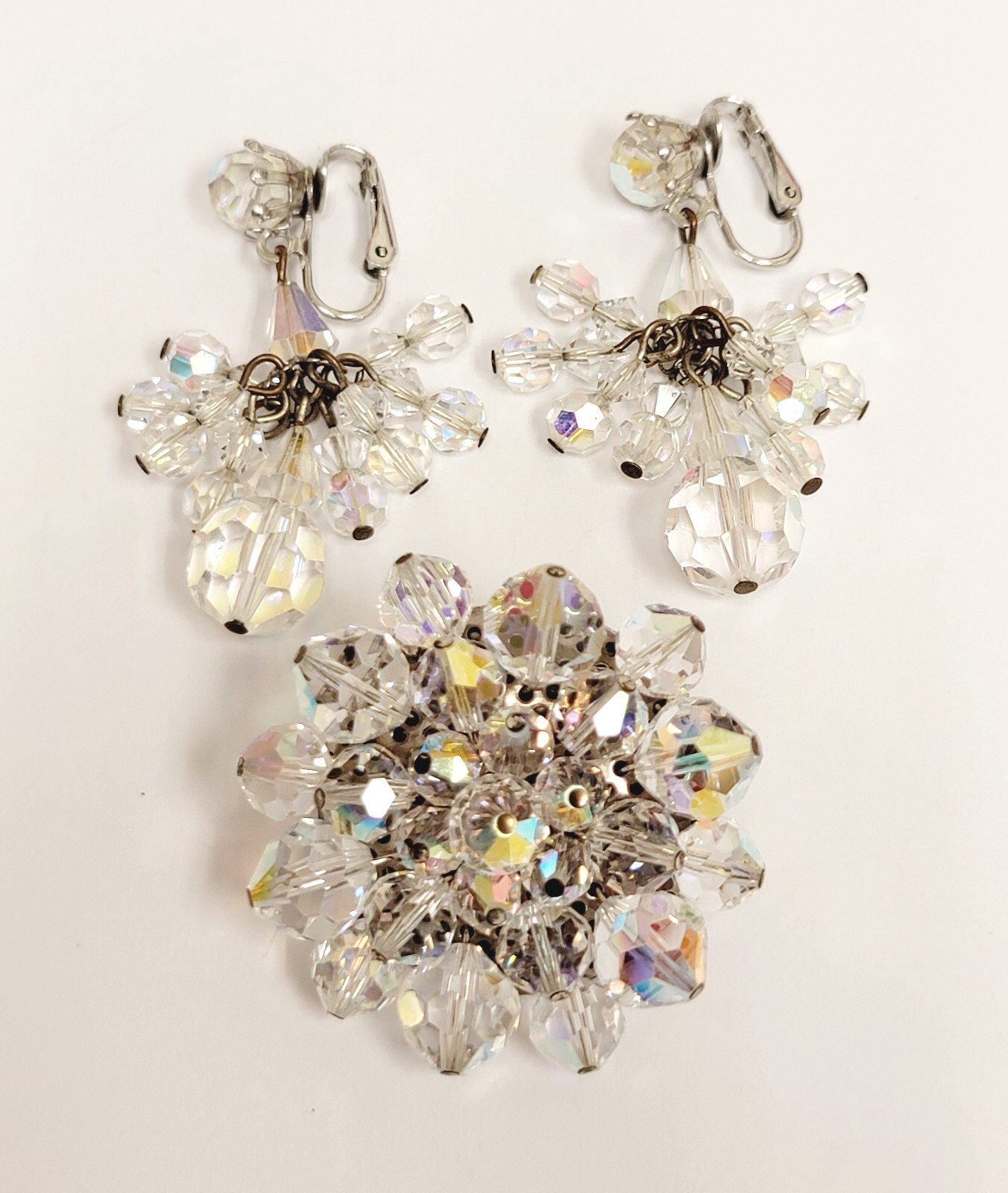 Vintage Clear Glass Crystal AB Bead Chandelier Earrings & Crystal Cluster Brooch