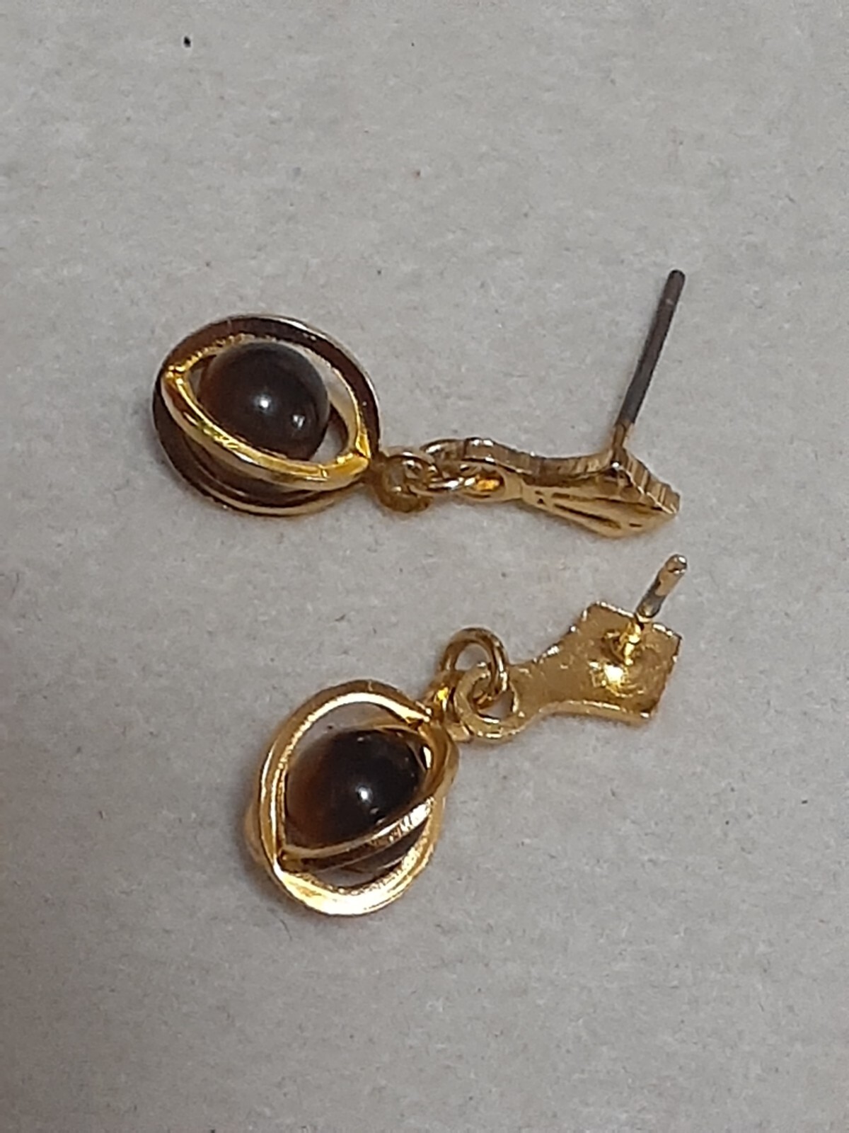 Dainty Tiger’s eye gemstone caged gold tone dangle drop earrings