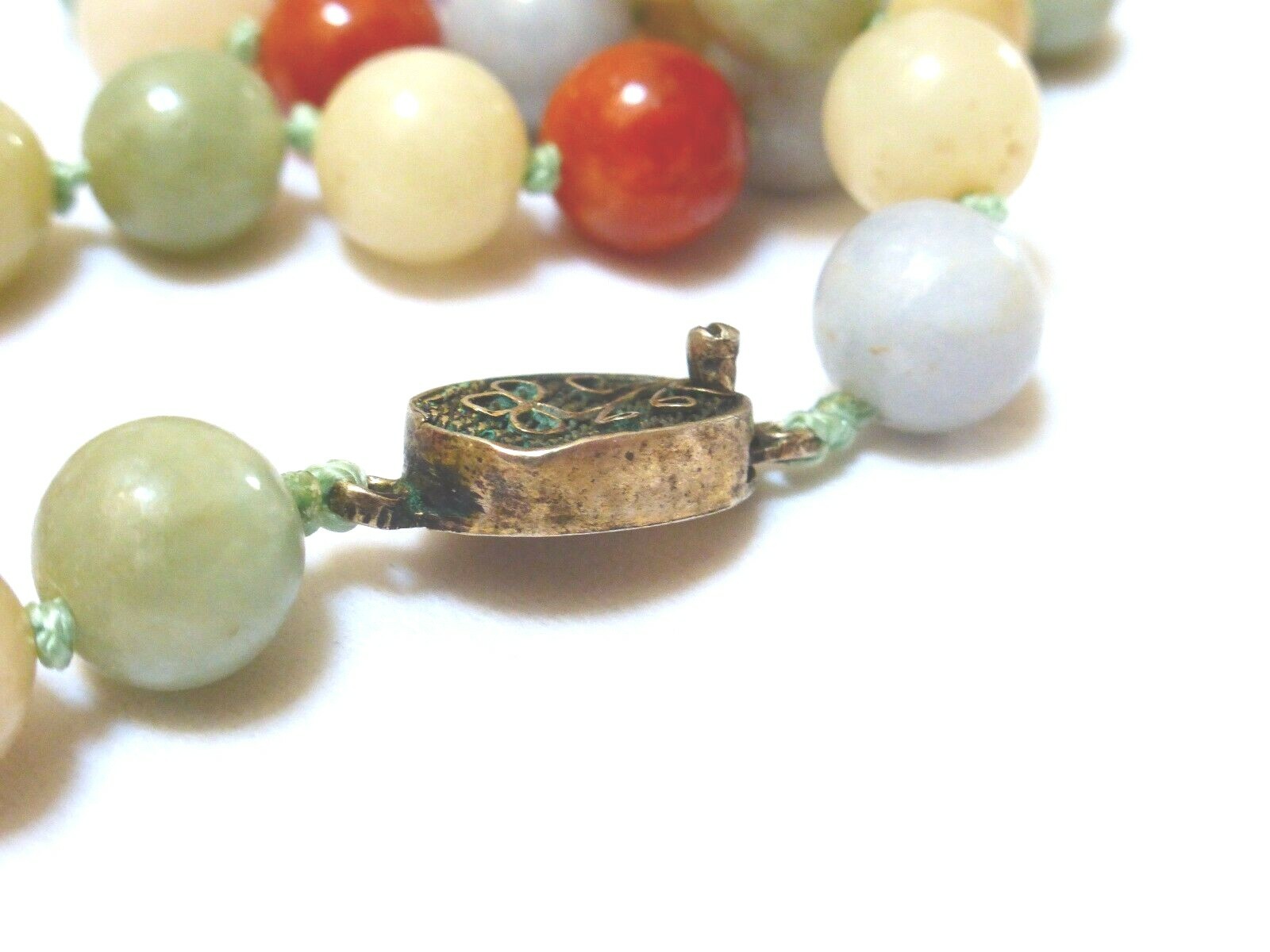 Vintage Chinese Multi-Color Jade 9mm Beads Necklace Pendant, Silver Clasp, 25″