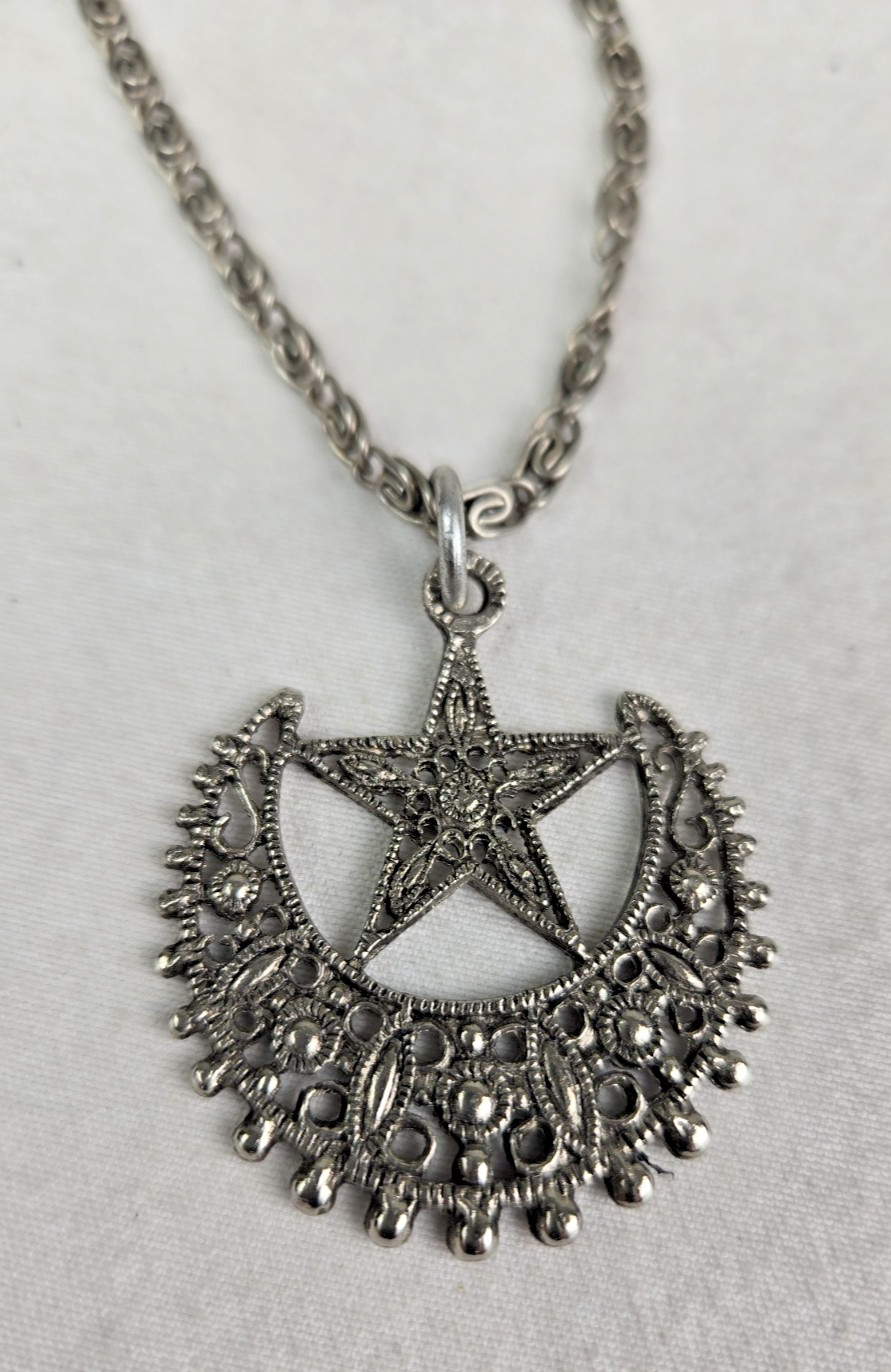 Silvertone Crescent Moon & Star Pendant Necklace Excellent Condition