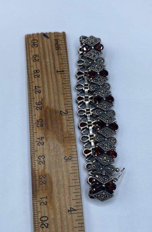 925 Sterling Silver Garnet Marcasite Bracelet Art Deco Style Vintage 7.25″ 32g