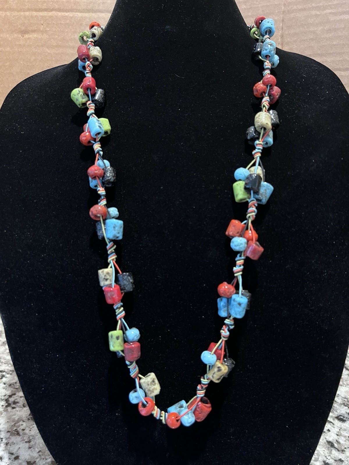 Vintage African Recycled Krobo Glass Bead Necklace Zulu Wire Coiled Art Unique