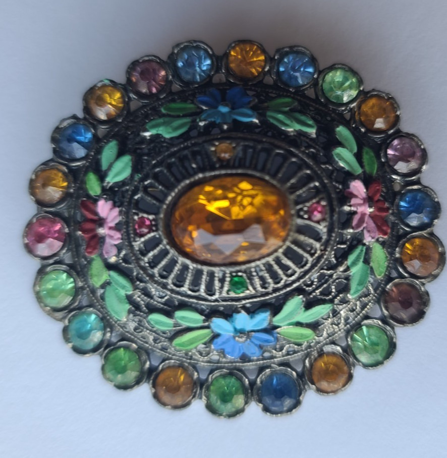 Vintage Signed L/N Little Nemo Large Blue Rhinestone Green Painted Enamel Brooch
