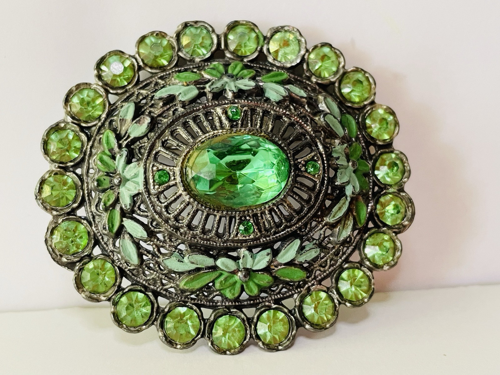 Vintage Estate Brooch Signed L/N Little Nemo Green Rhinestones Repousse Enamel