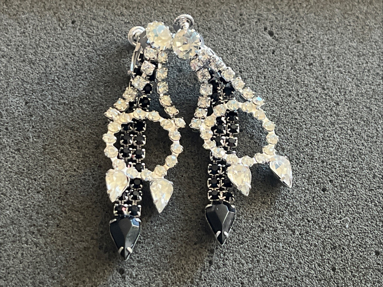 Vintage Signed HOBE Dangle Clear & Black Rhinestone Earrings Costume Jewelry