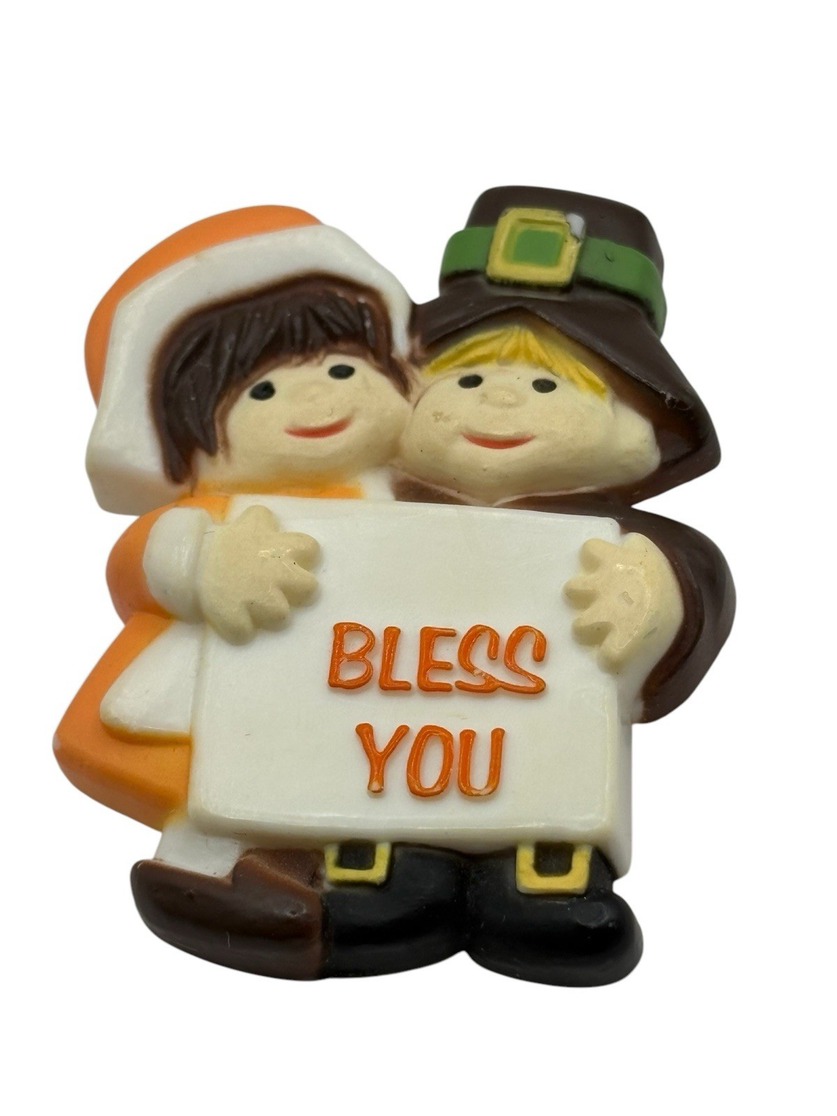 Thanksgiving Pilgrims Pin Brooch BLESS YOU American Greetings VTG Religious 80s