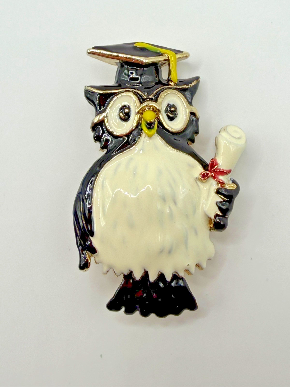 GOLD BLACK WHITE ENAMEL GRADUATING WISE OWL PIN BROOCH VINTAGE