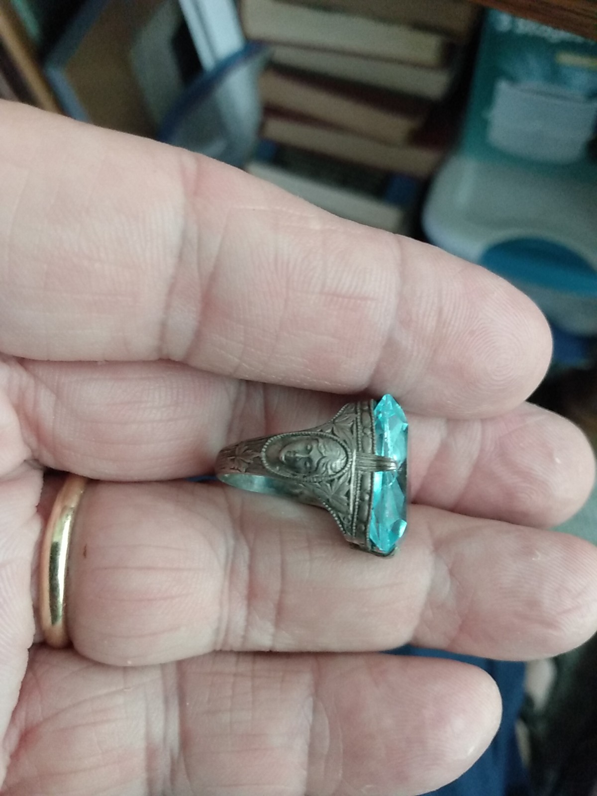 Antique Art Deco Sterling Silver Ring Czech blue Glass Size 5 1/2