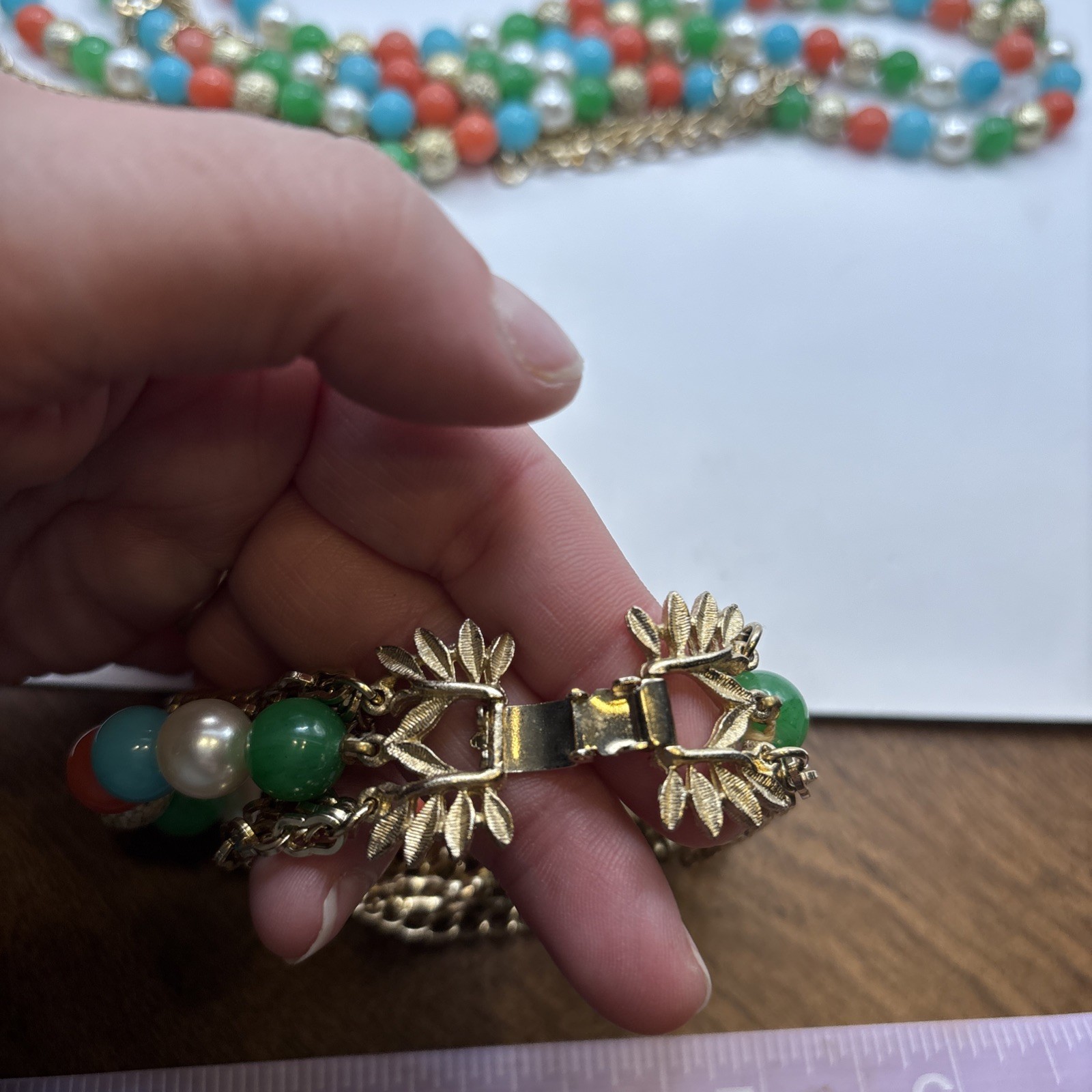 Vintage Gold Toned Multi Strand Necklace, Earring, Bracelet Set Multicolored