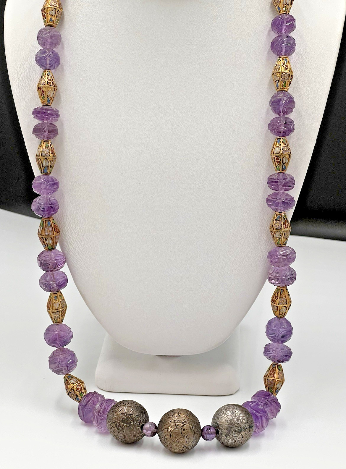 Vtg Chinese Carved Amethyst Bead & Gold Cloisonne Necklace, 168 grams, 30″ Long
